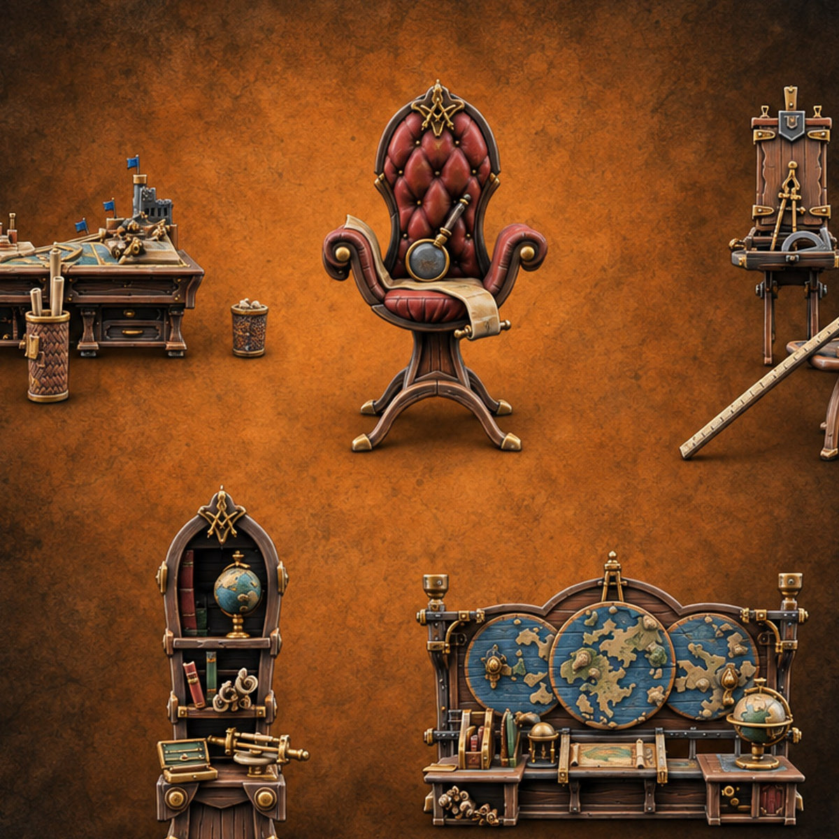 Latitude Lost, Ink Still Drying Wooden Cartographer Furniture Set — painted concept preview (terrain supplied unpainted)