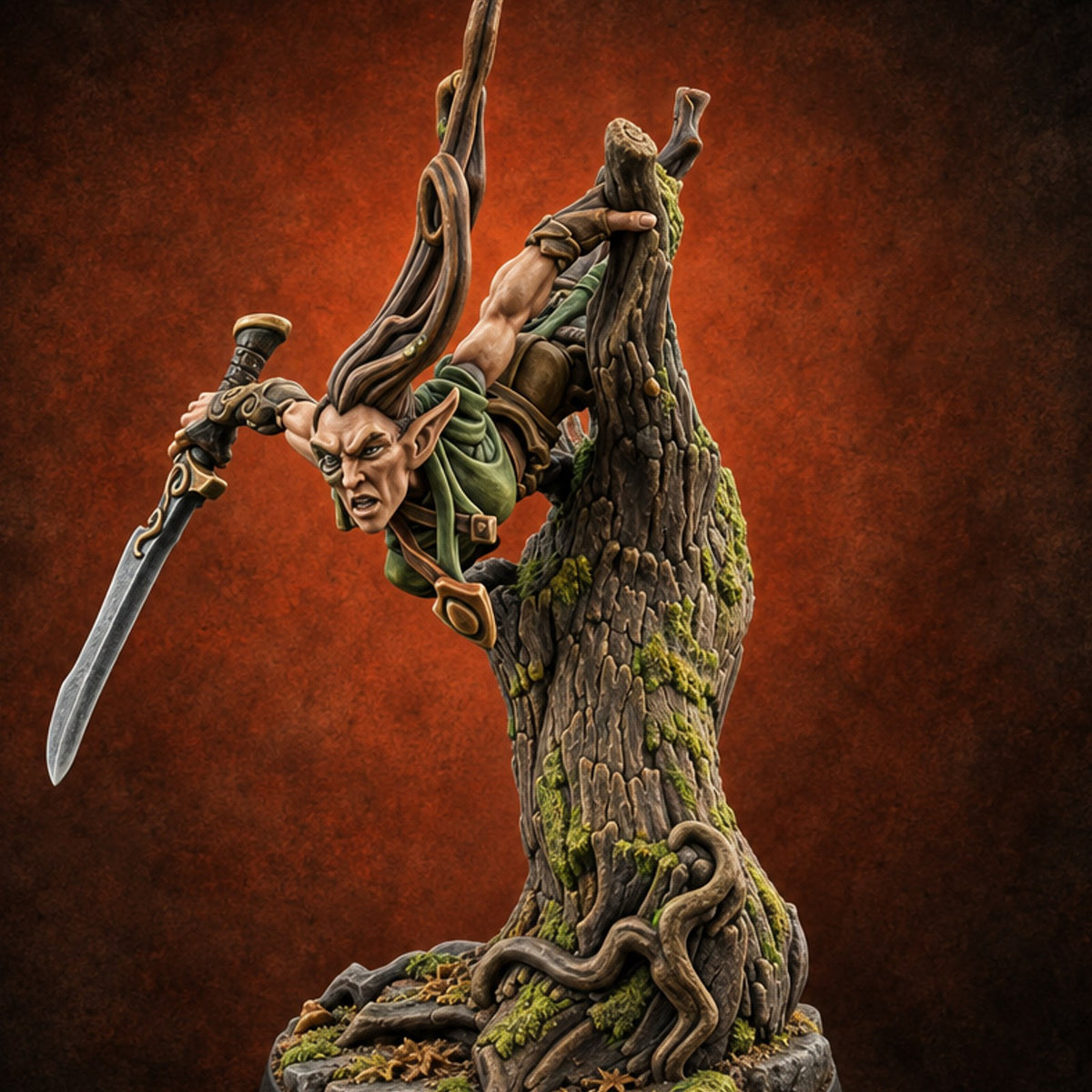 Roots Remember Every Step Wood Elf Warrior A — painted concept preview (miniature supplied unpainted)