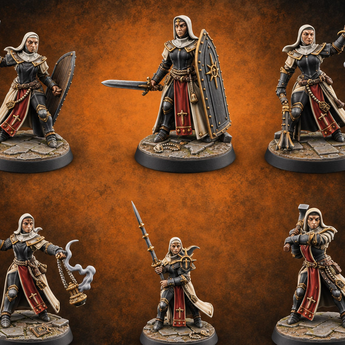 Pray Loud, Swing Louder Human Female Armoured Nuns — painted concept preview (miniature supplied unpainted)