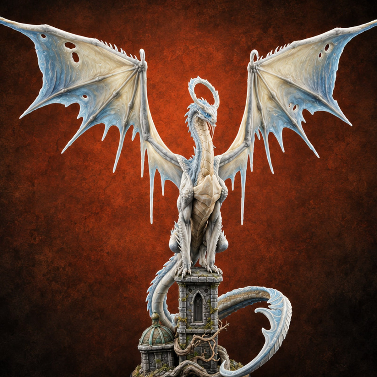 Halo Effect Spirit Dragon on Ruined Tower — painted concept preview (miniature supplied unpainted)