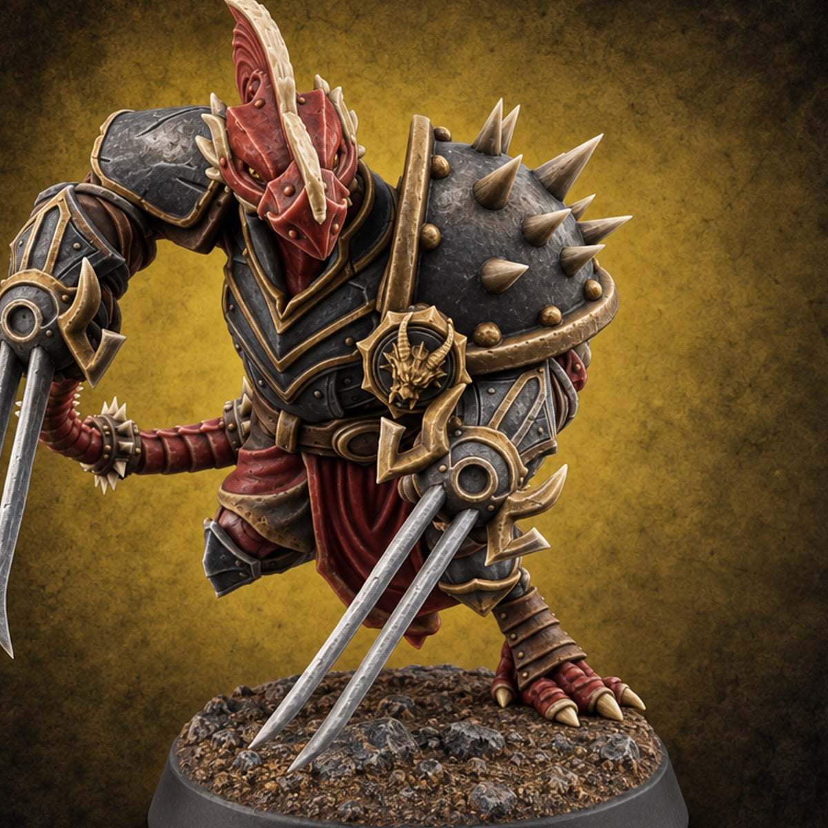 Spiked Shields, Twin Claws Dragonborn Reaver A — painted concept preview (miniature supplied unpainted)