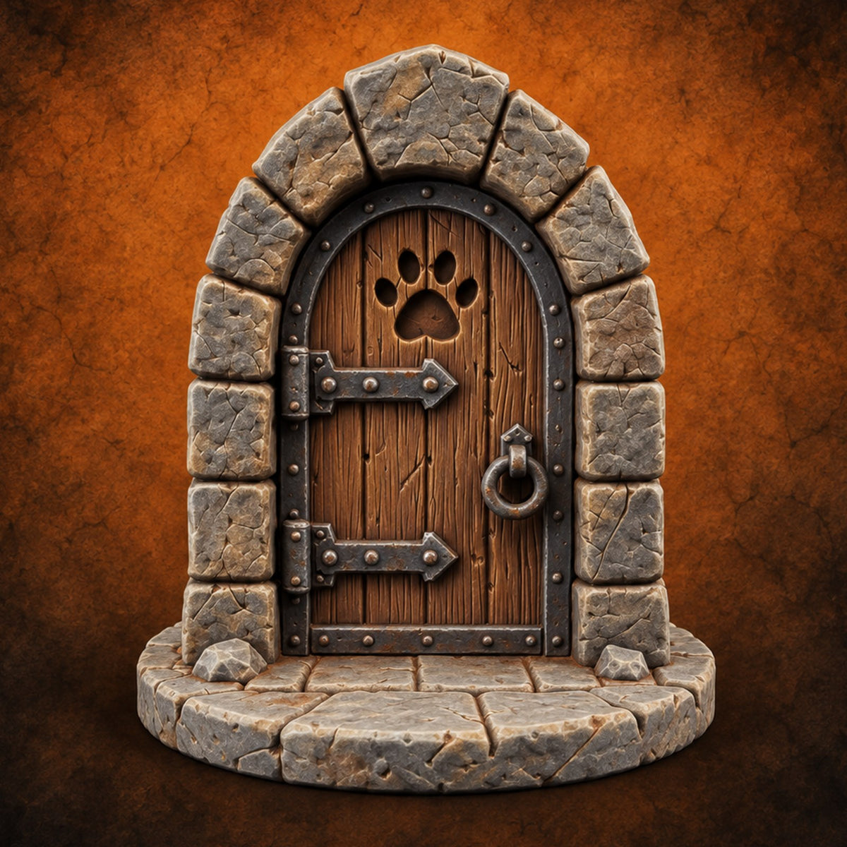 The Knock Came After Midnight Paw-Cutout Stone Arch Door — painted concept preview (terrain supplied unpainted)