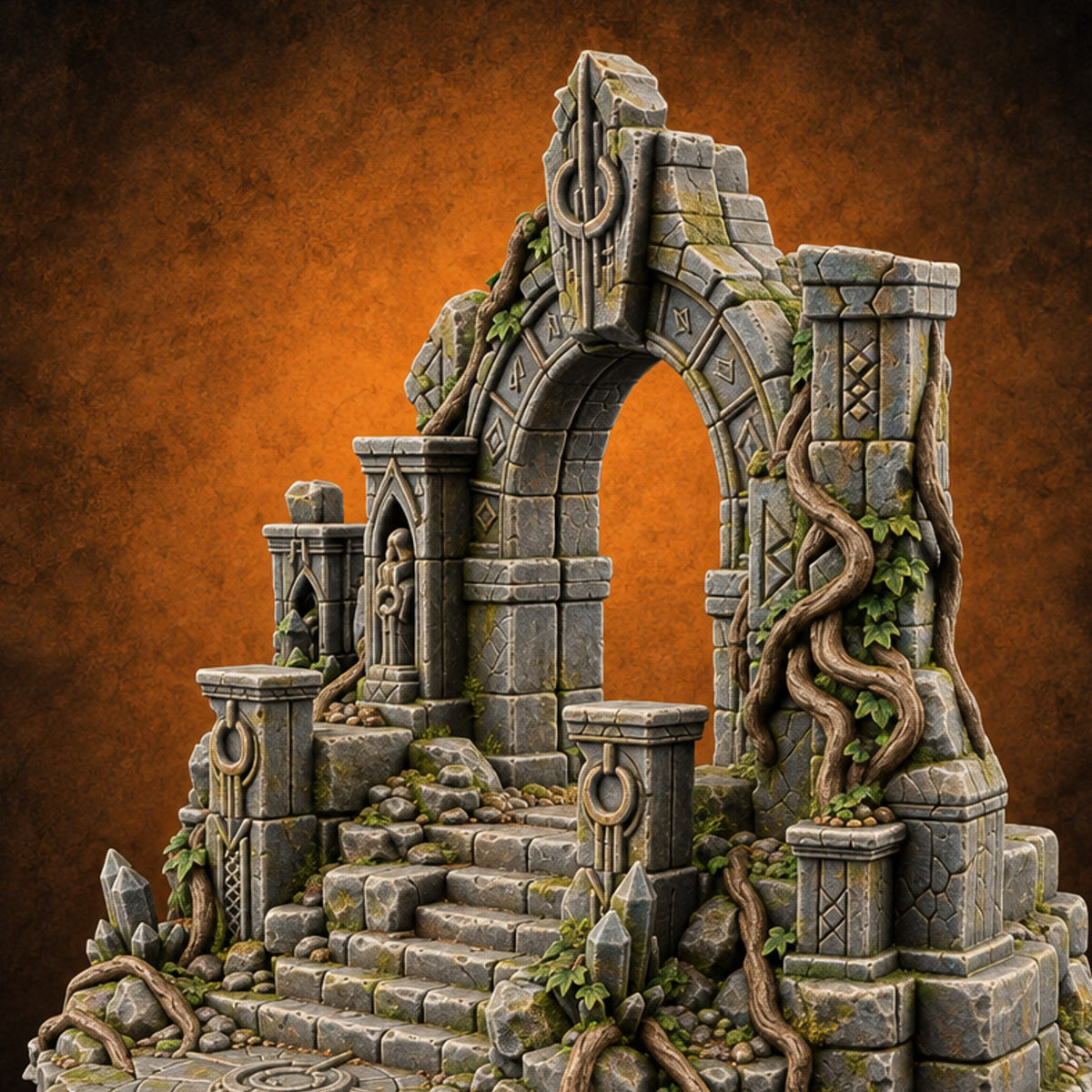 Overgrown but Not Overruled Ruined Stone Archway Portal with Stairs and Vines — painted concept preview (terrain supplied unpainted)