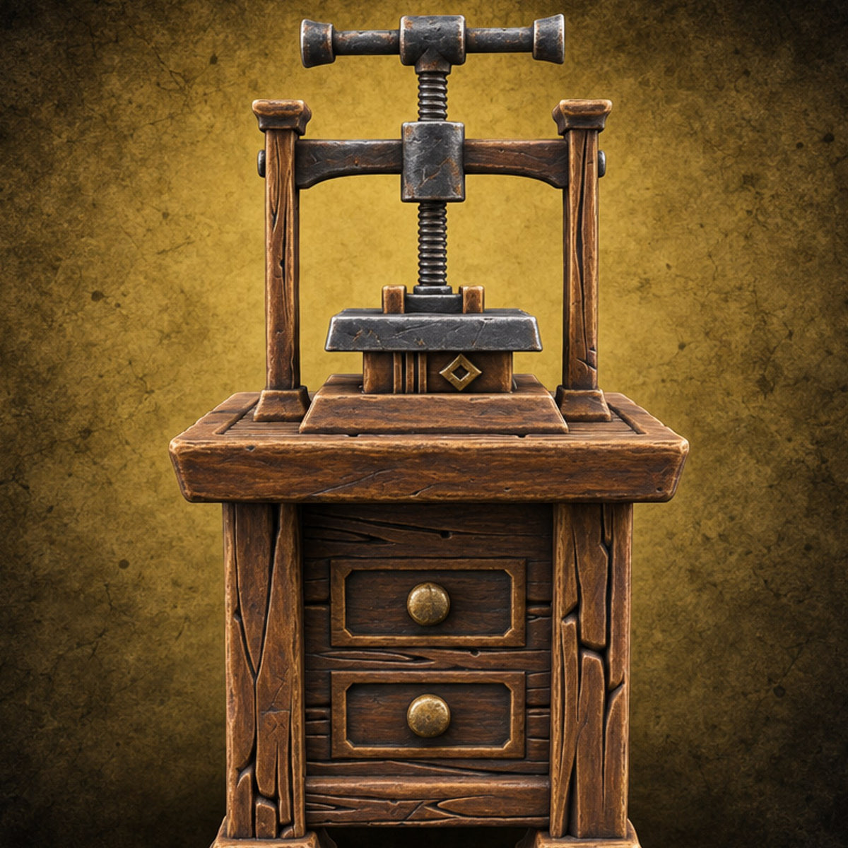Pressed for Time, Not for Pages Wooden Bookbinding Press Cabinet — painted concept preview (terrain supplied unpainted)