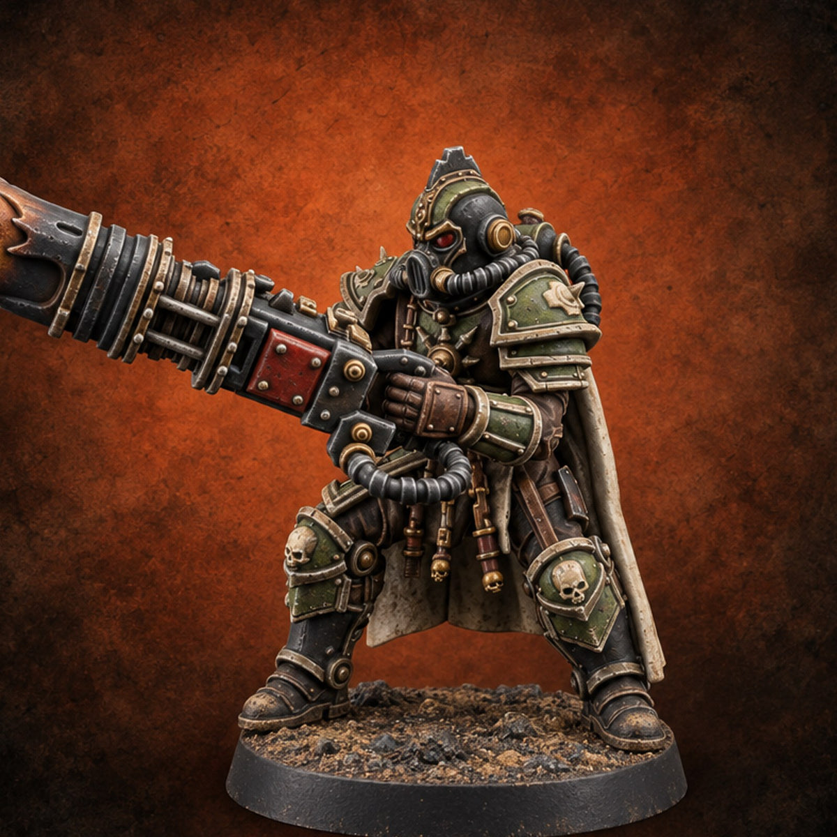 Fuel Line Hissing Human Gas-Masked Flamer Gunner B — painted concept preview (miniature supplied unpainted)