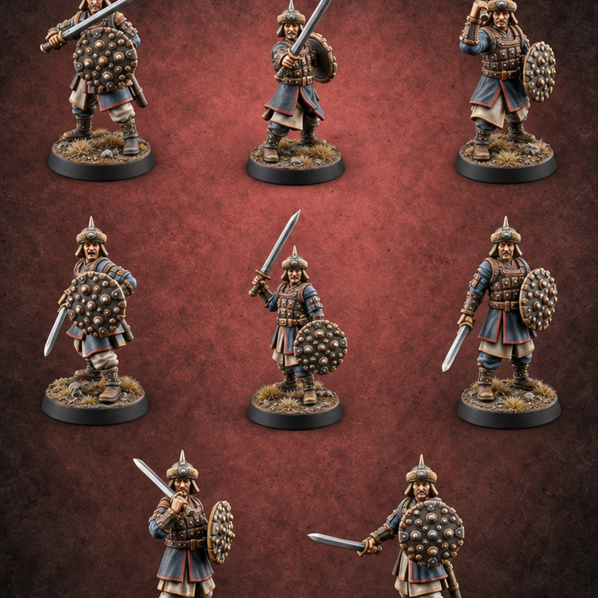 Shields Studded, Steel Singing Human Steppe Swordsmen with Studded Round Shields and Spiked Helms — painted concept preview (miniature supplied unpainted)
