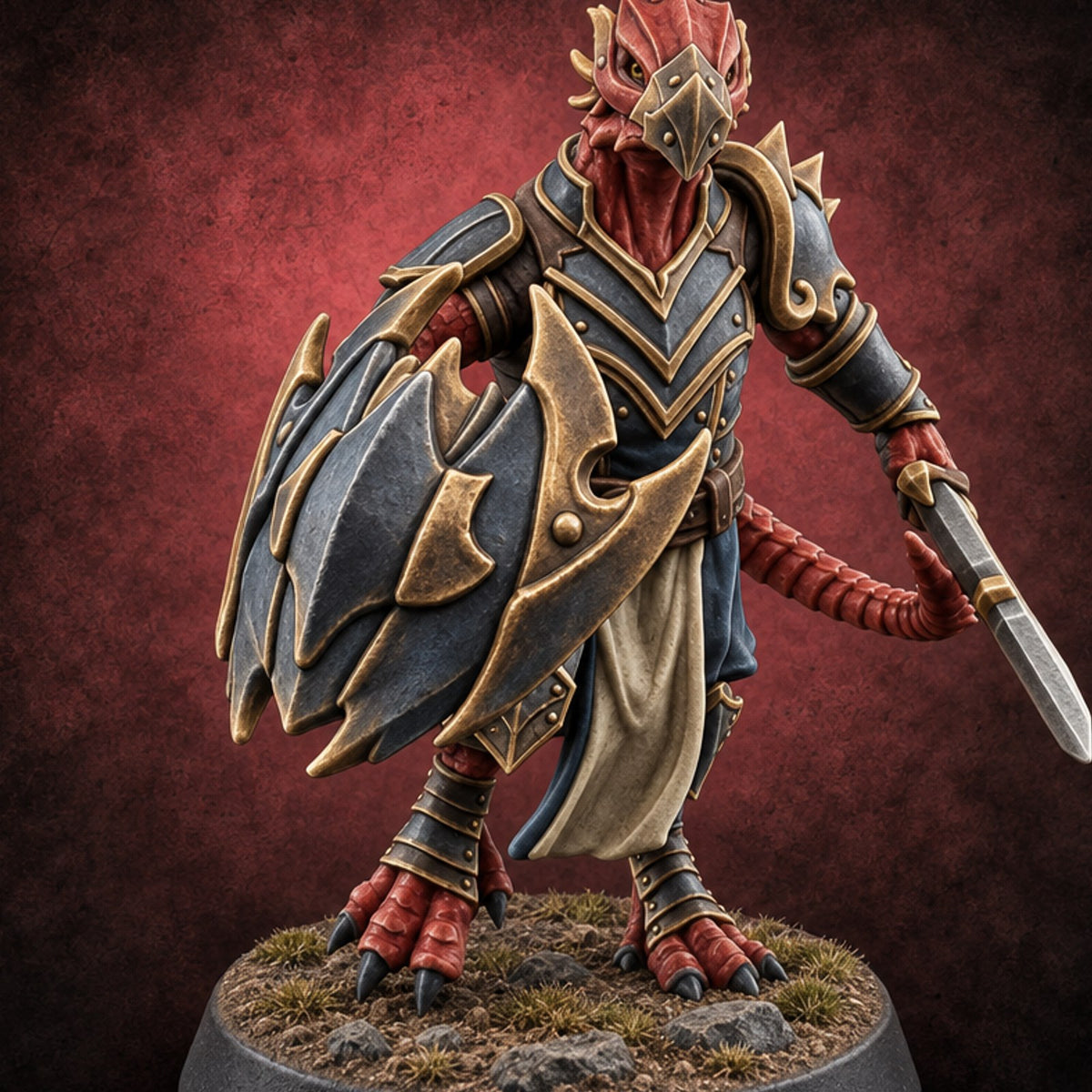 Scales Rattle, Shields Rise Dragonborn Swordsman D — painted concept preview (miniature supplied unpainted)
