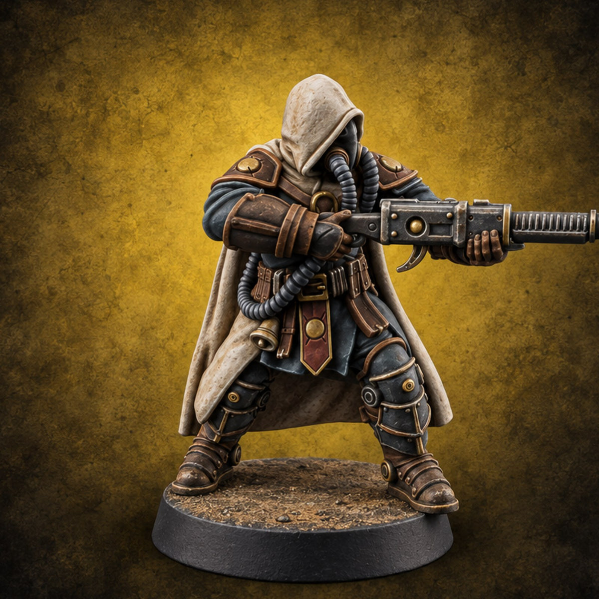 Barrel and Benediction Human Hooded Gunner A — painted concept preview (miniature supplied unpainted)