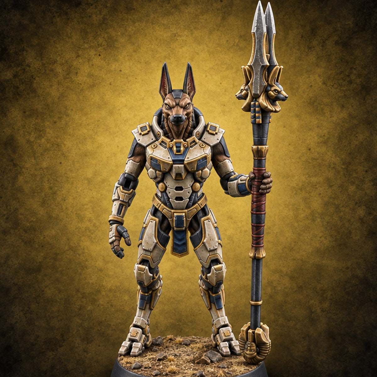 Duty Beyond the Afterlife Gnoll Armoured Jackal Guard with Staff C — painted concept preview (miniature supplied unpainted)