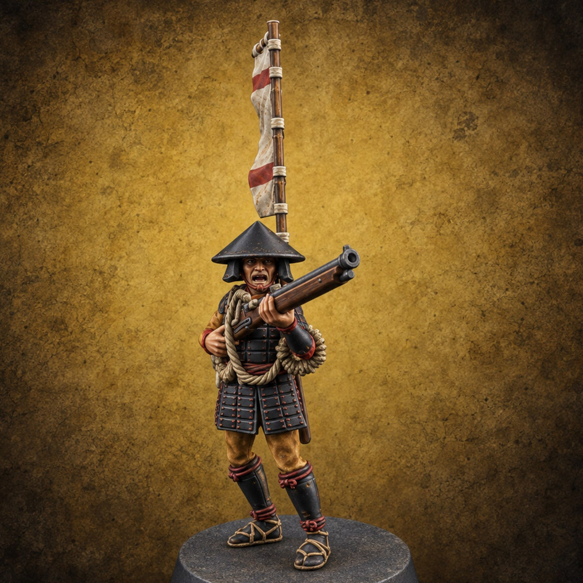 Priming the Volley Human Ashigaru Musketeer E — painted concept preview (miniature supplied unpainted)