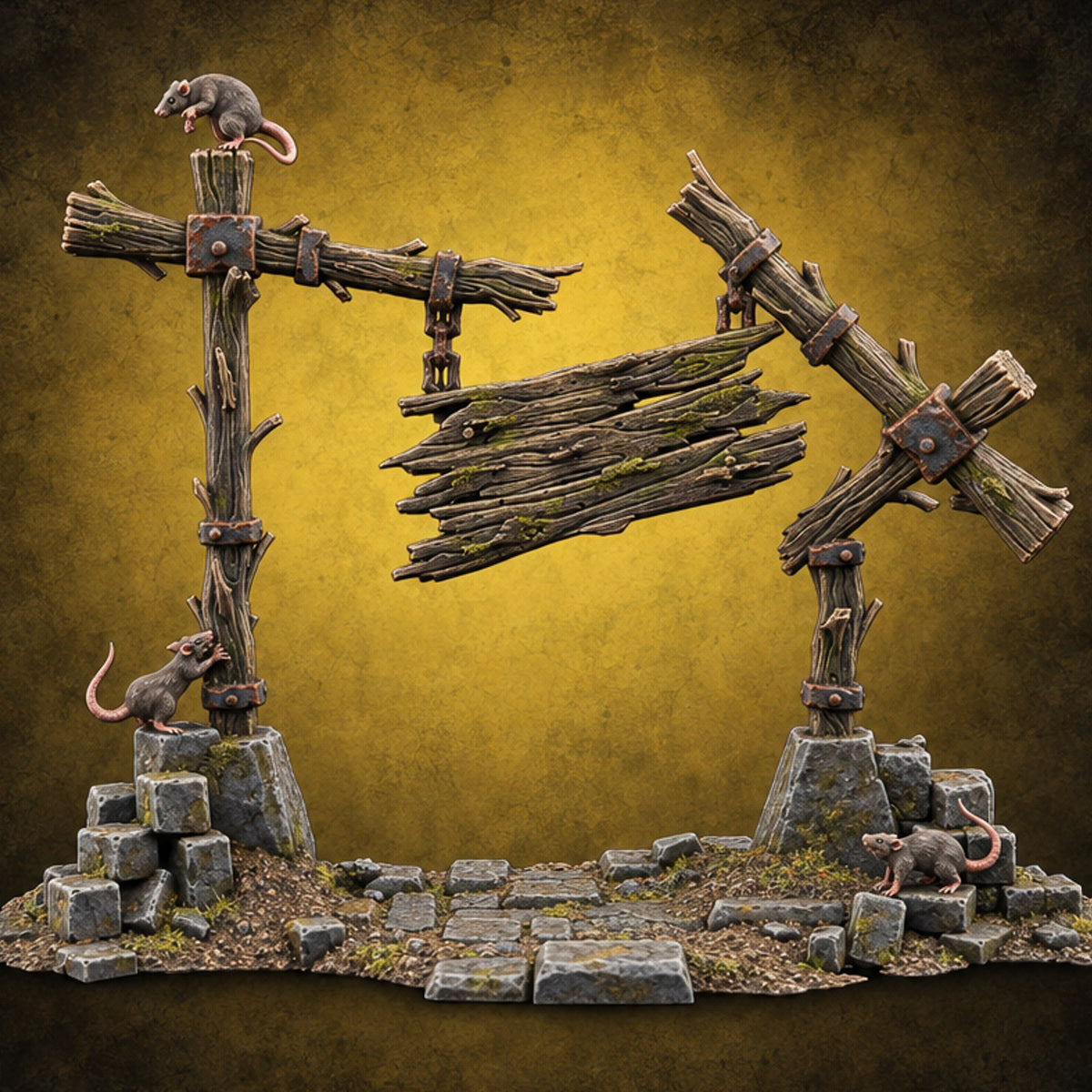 Gatekeepers Left, Rats Stayed Ruined Wooden Gateway with Hanging Signboard, Rats and Stone Rubble on Scenic Base — painted concept preview (terrain supplied unpainted)