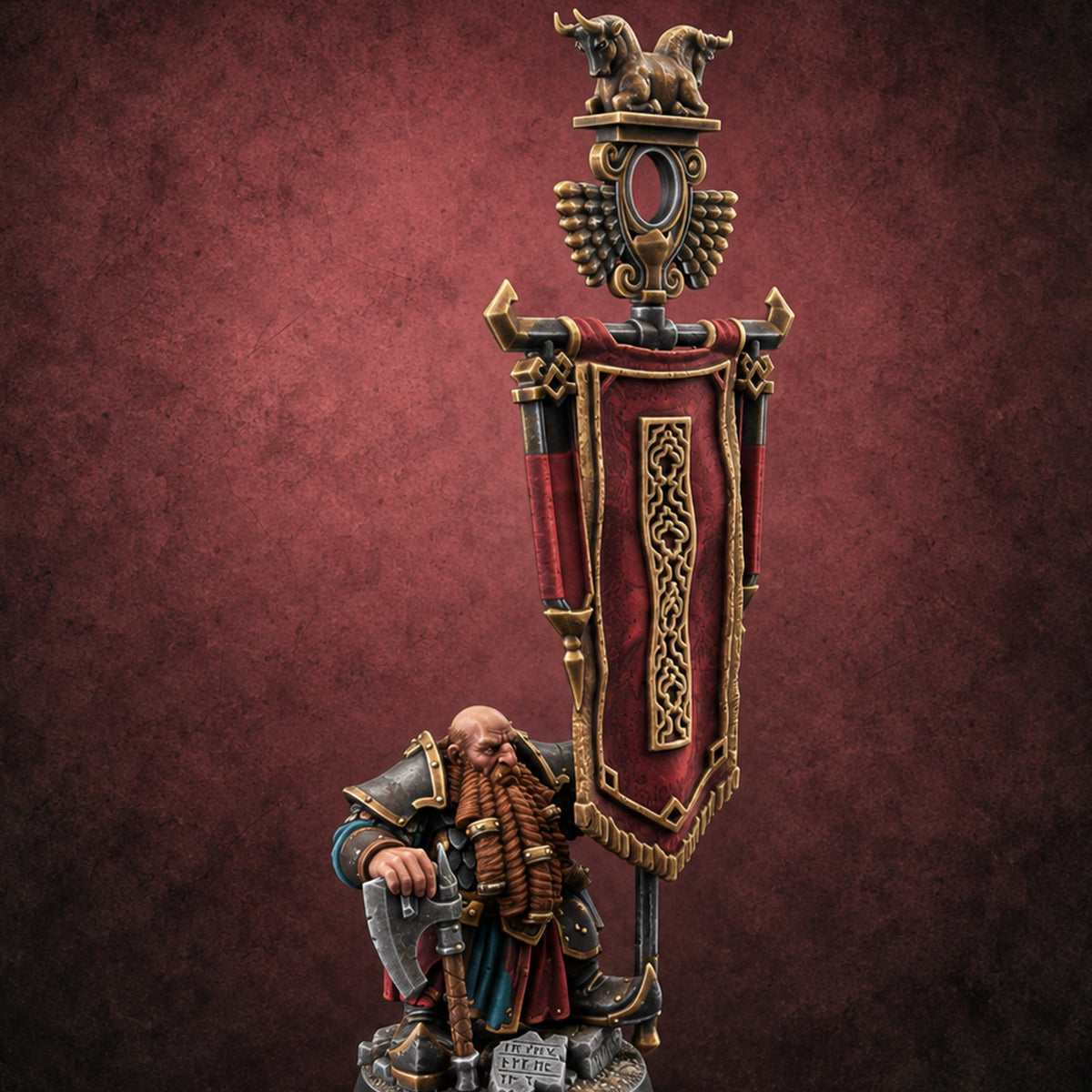 Holding the Standard Dwarf Standard Bearer Miniature for Dungeons and Dragons, Pathfinder or other TTRPGs