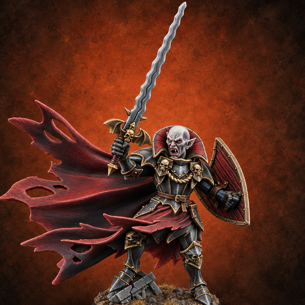 Tattered Cape, Fresh Fangs Vampire Lord with Wavy Sword and Shield — painted concept preview (miniature supplied unpainted)