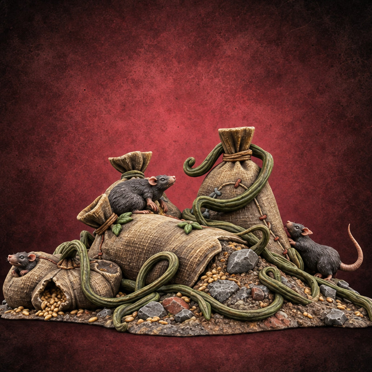 Something Nibbled the Payroll Vine-Wrapped Grain Sacks with Rats on Rubble Base — painted concept preview (terrain supplied unpainted)