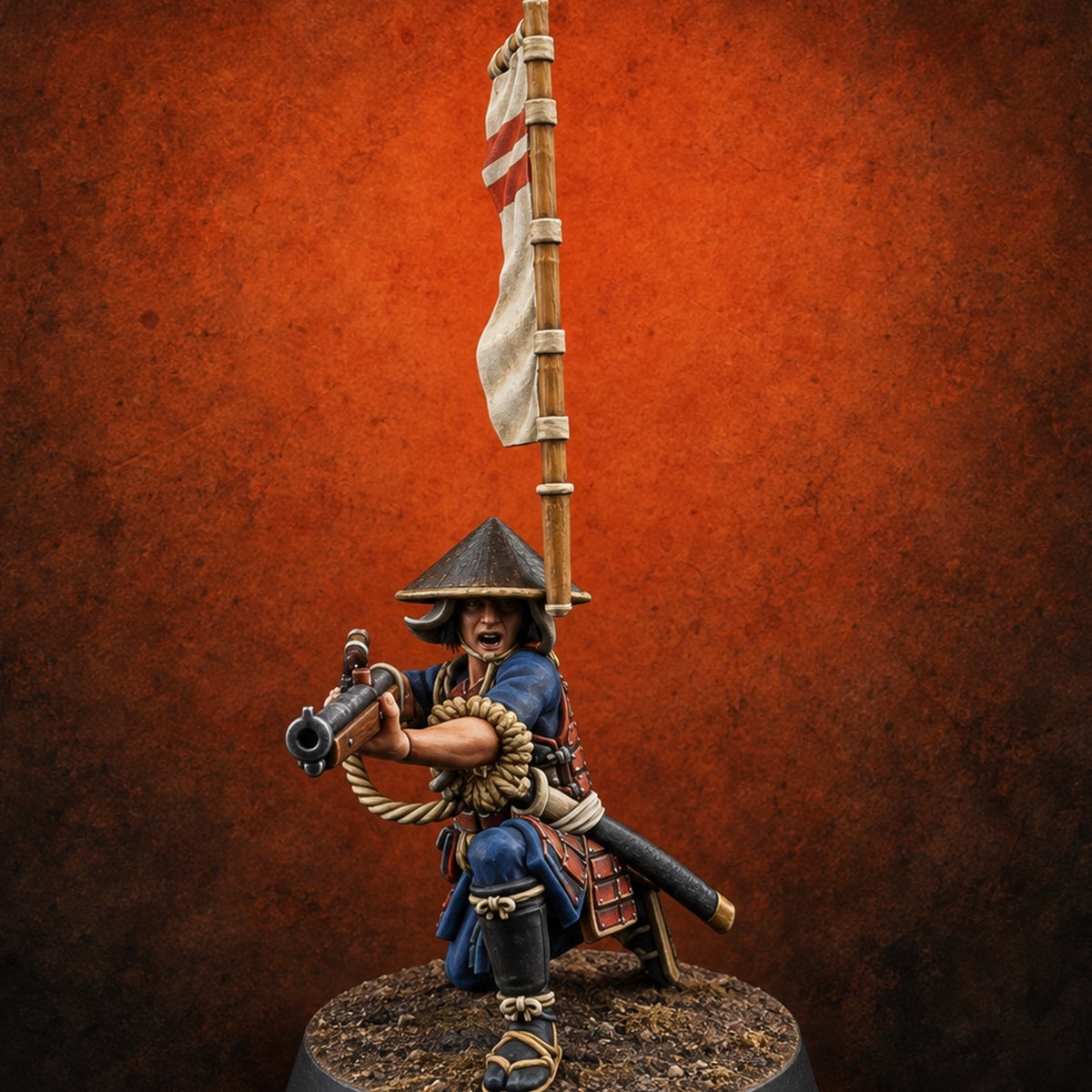 Priming the Volley Human Ashigaru Musketeer B — painted concept preview (miniature supplied unpainted)