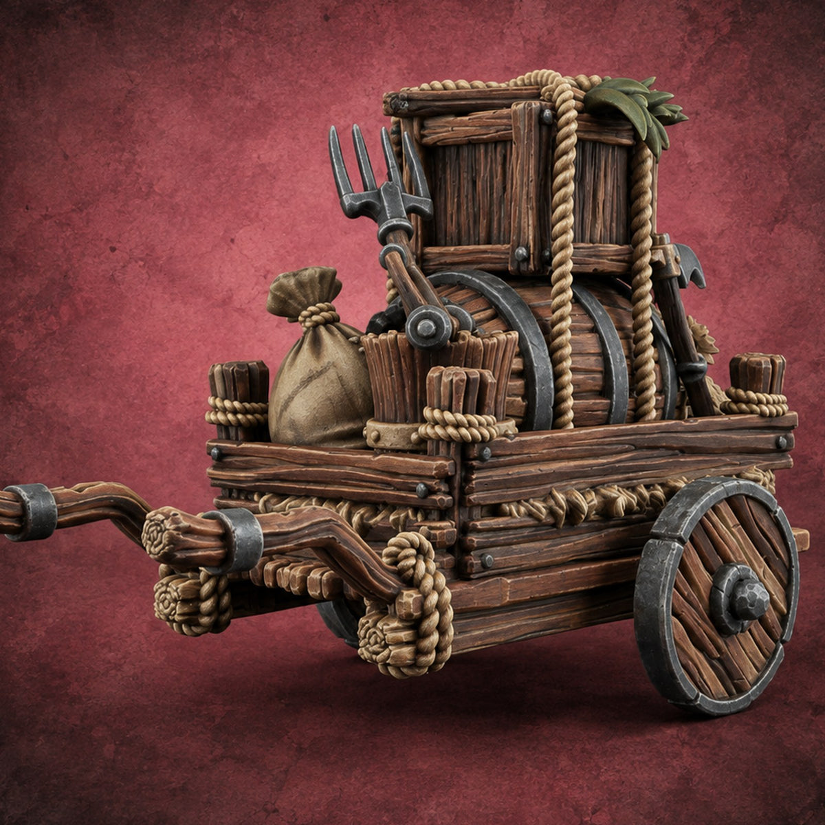 Rope-Lashed Farm Cart D — painted concept preview (terrain supplied unpainted)