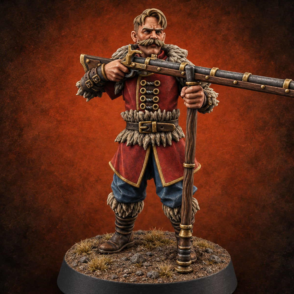 Forked Rests, Fuses Fizzing Human Gunner A — painted concept preview (miniature supplied unpainted)