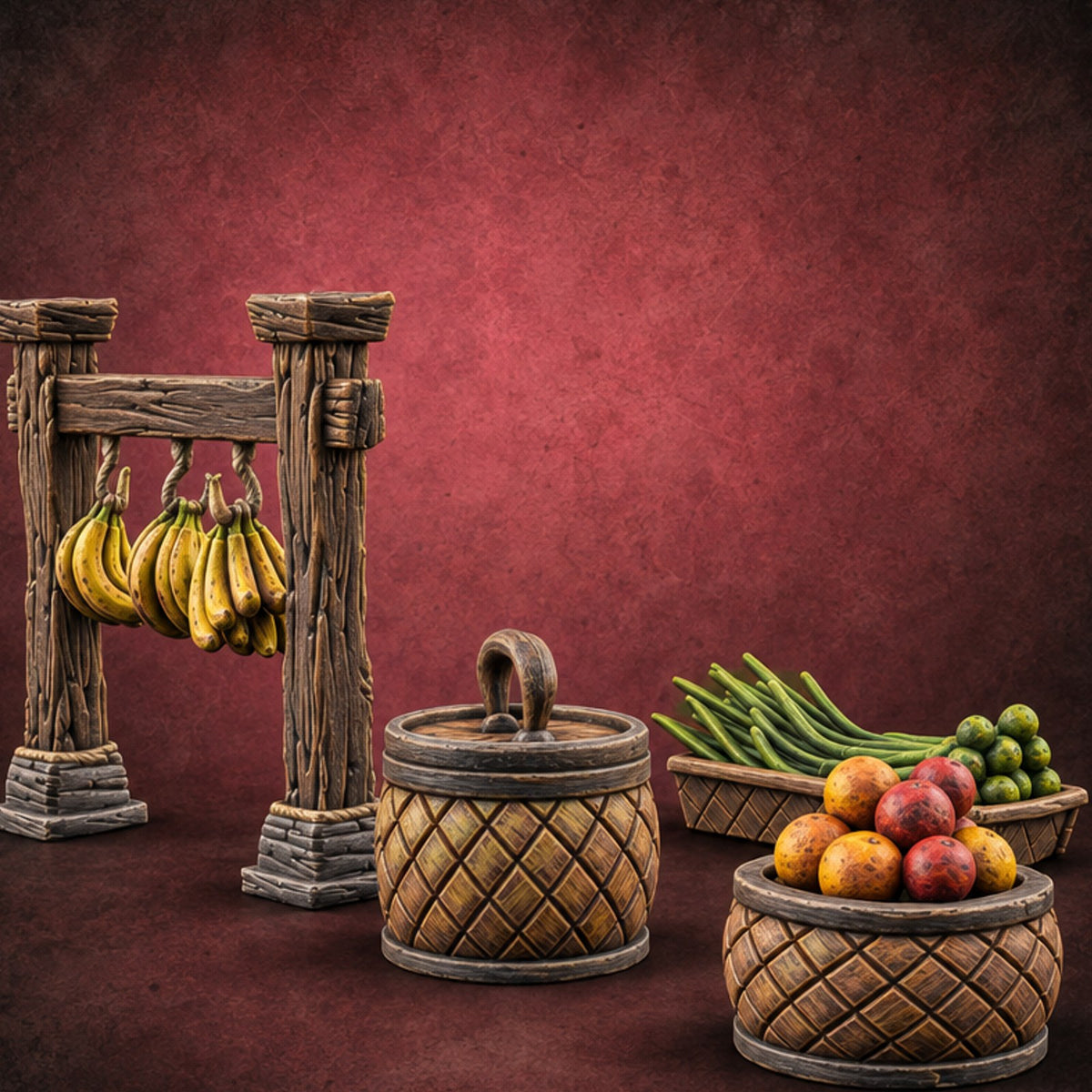 Bananas Hung, Baskets Heaped Fruit Seller Display Rack Set — painted concept preview (terrain supplied unpainted)