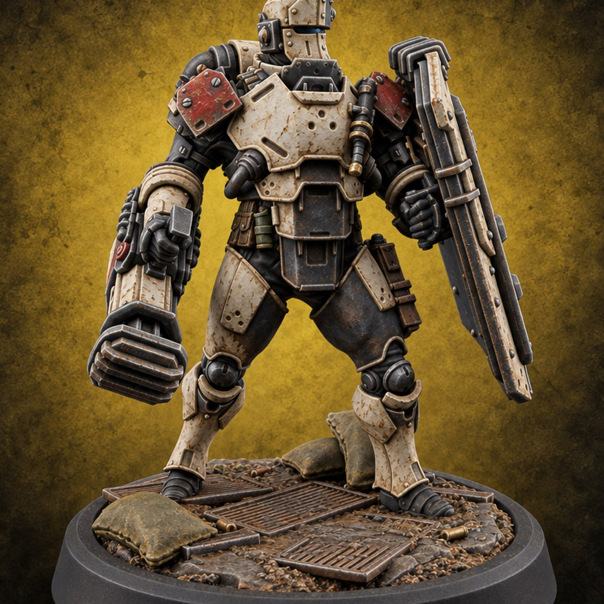 Peek Through the Slot, Regret Nothing Human Shield Soldier G — painted concept preview (miniature supplied unpainted)