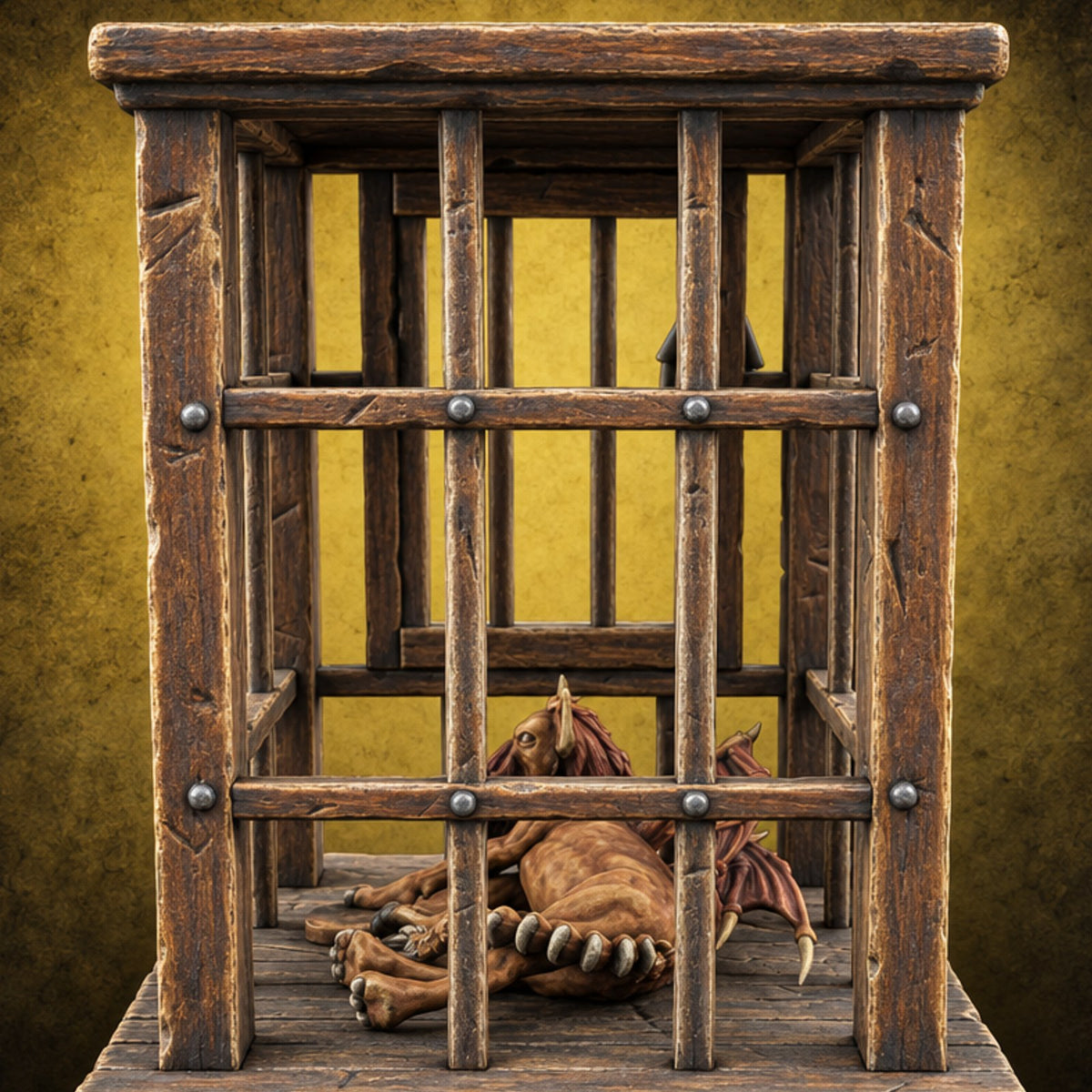 Manticore Pending Delivery Wooden Barred Monster Cage — painted concept preview (terrain supplied unpainted)