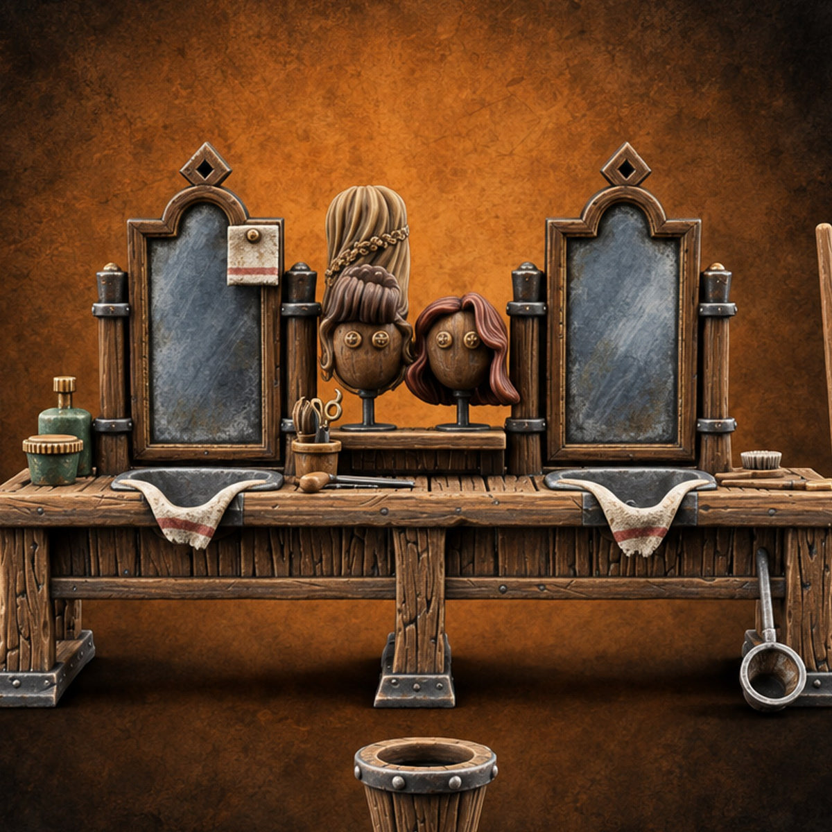 Rinse, Then Repeat Wooden Barber Shop Washbasin Bench — painted concept preview (terrain supplied unpainted)