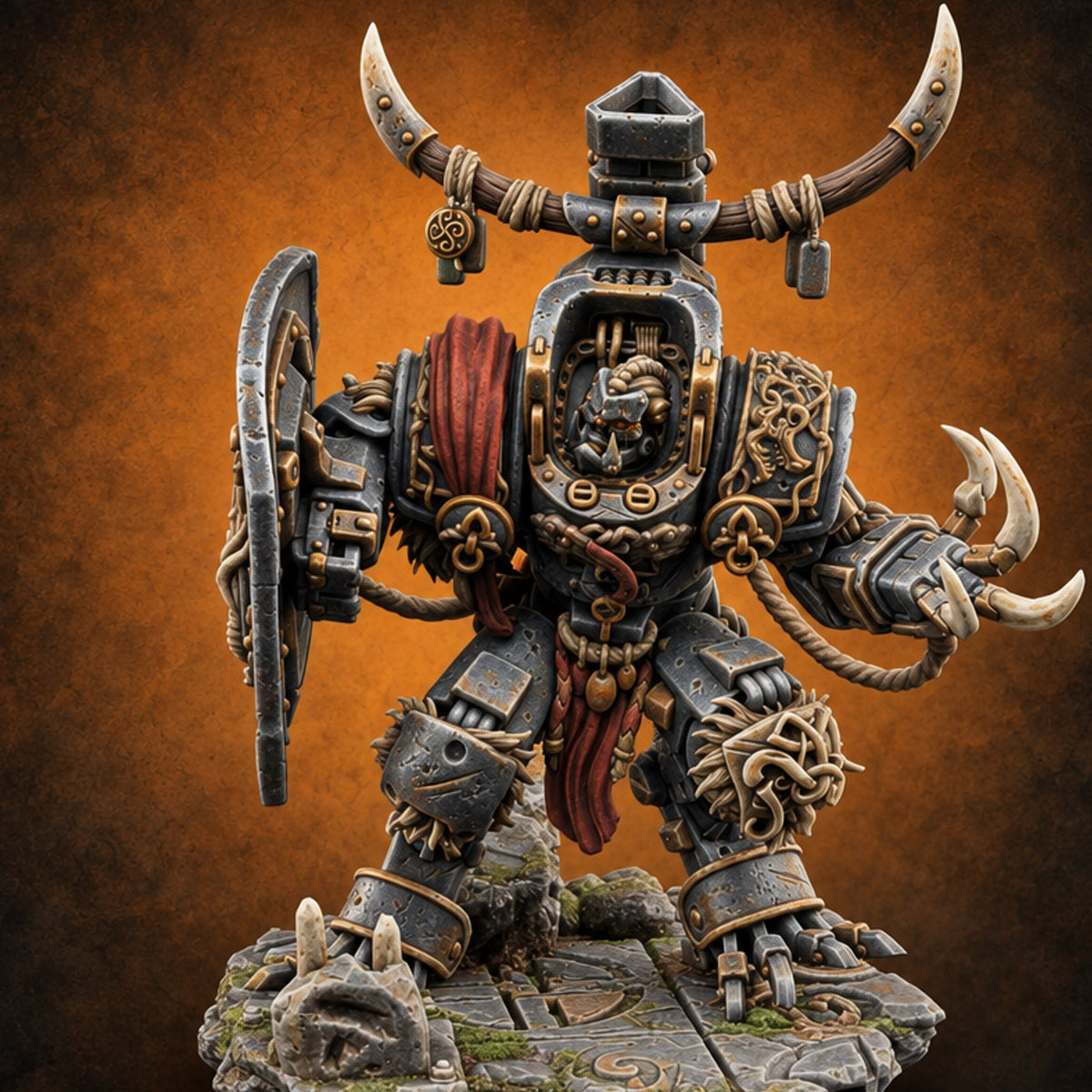 Cockpit Faces Warforged Armoured Warrior C — painted concept preview (miniature supplied unpainted)