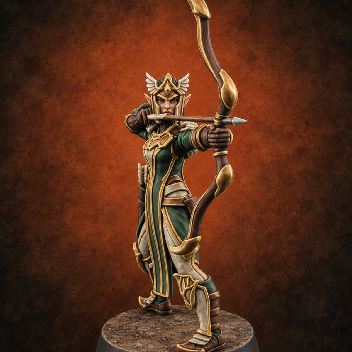 Winged Crowns, Steady Draw Elf Archer A — painted concept preview (miniature supplied unpainted)