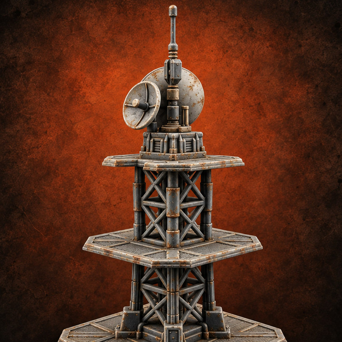 The Signal Climbs Higher Sci-Fi Communications Tower with Satellite Dishes — painted concept preview (terrain supplied unpainted)