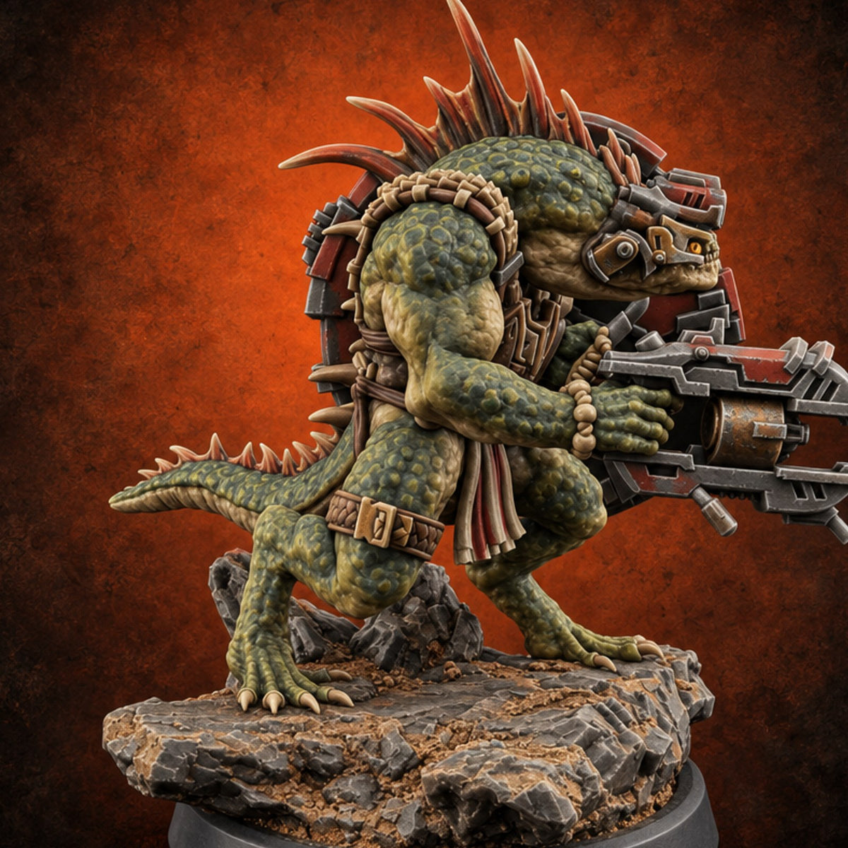 Spines Up on Broken Ground Lizardfolk Shield Gunner C — painted concept preview (miniature supplied unpainted)