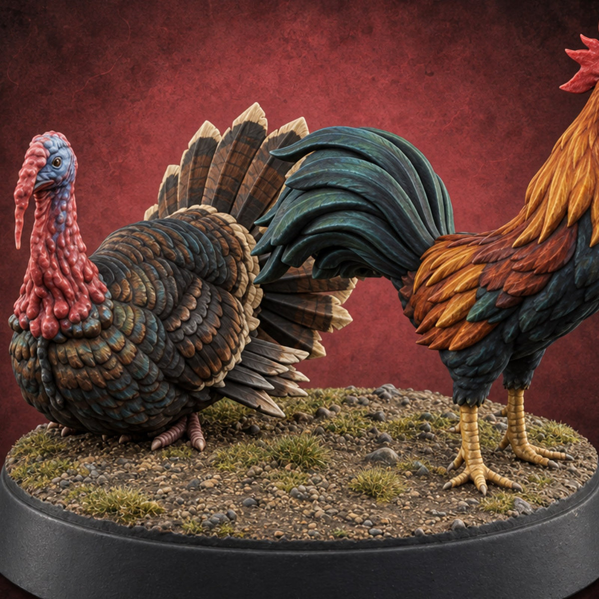 Crow Louder, Fan Wider Rooster and Turkey — painted concept preview (miniature supplied unpainted)