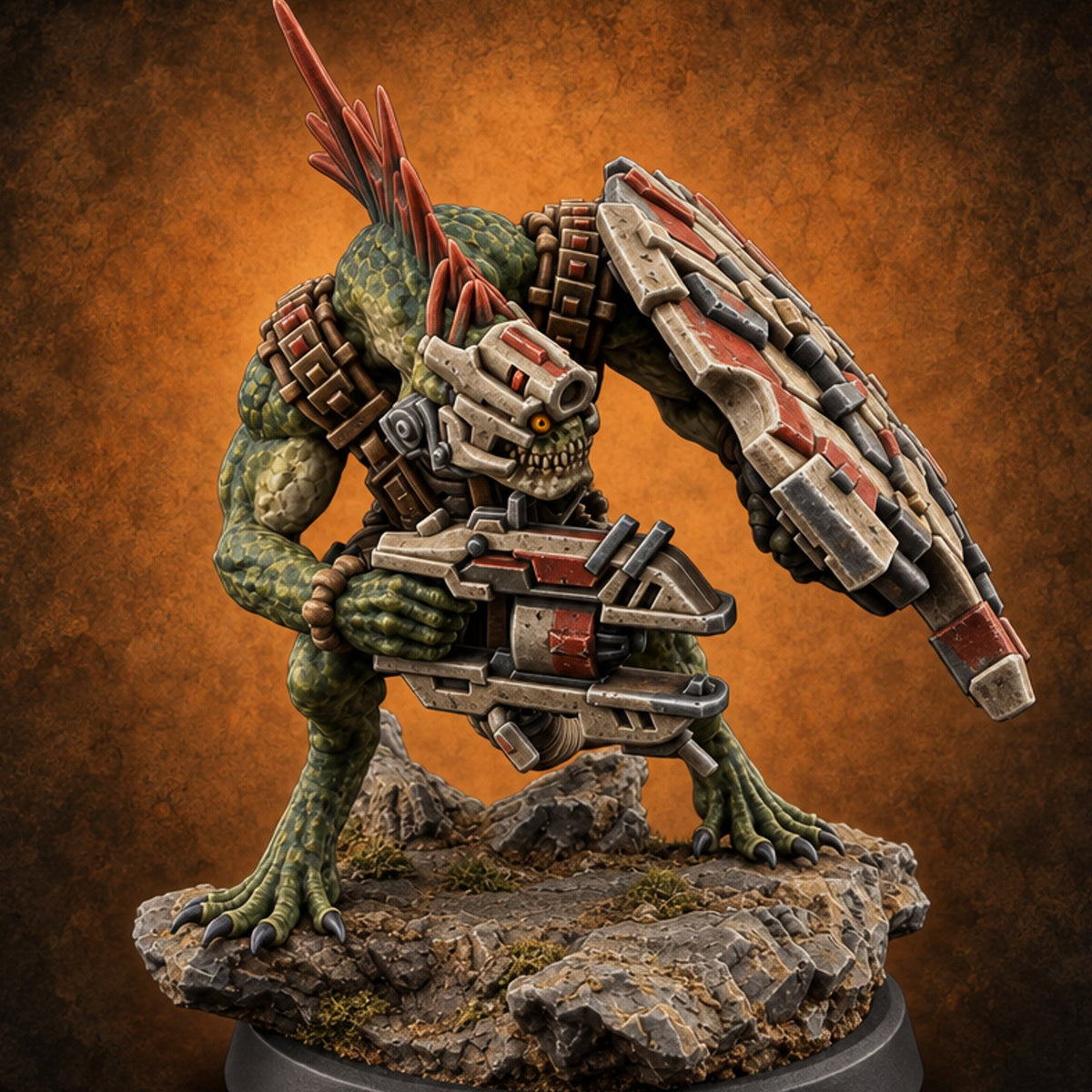 Spines Up on Broken Ground Lizardfolk Shield Gunner D — painted concept preview (miniature supplied unpainted)