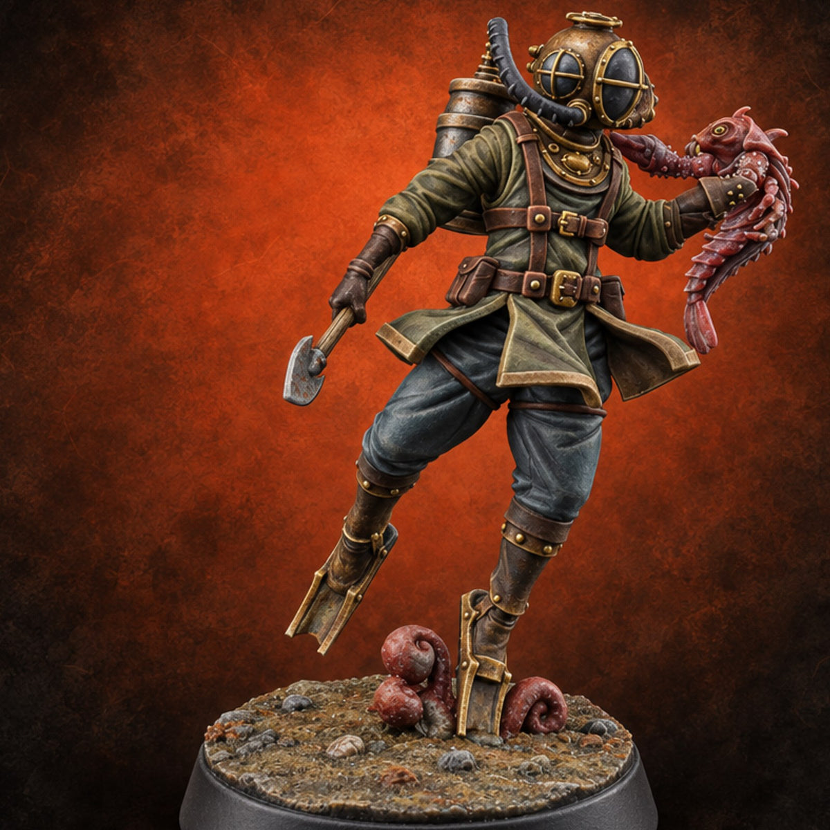 Shovel Down, Octopus Up Human Treasure Hunter Diver A — painted concept preview (miniature supplied unpainted)