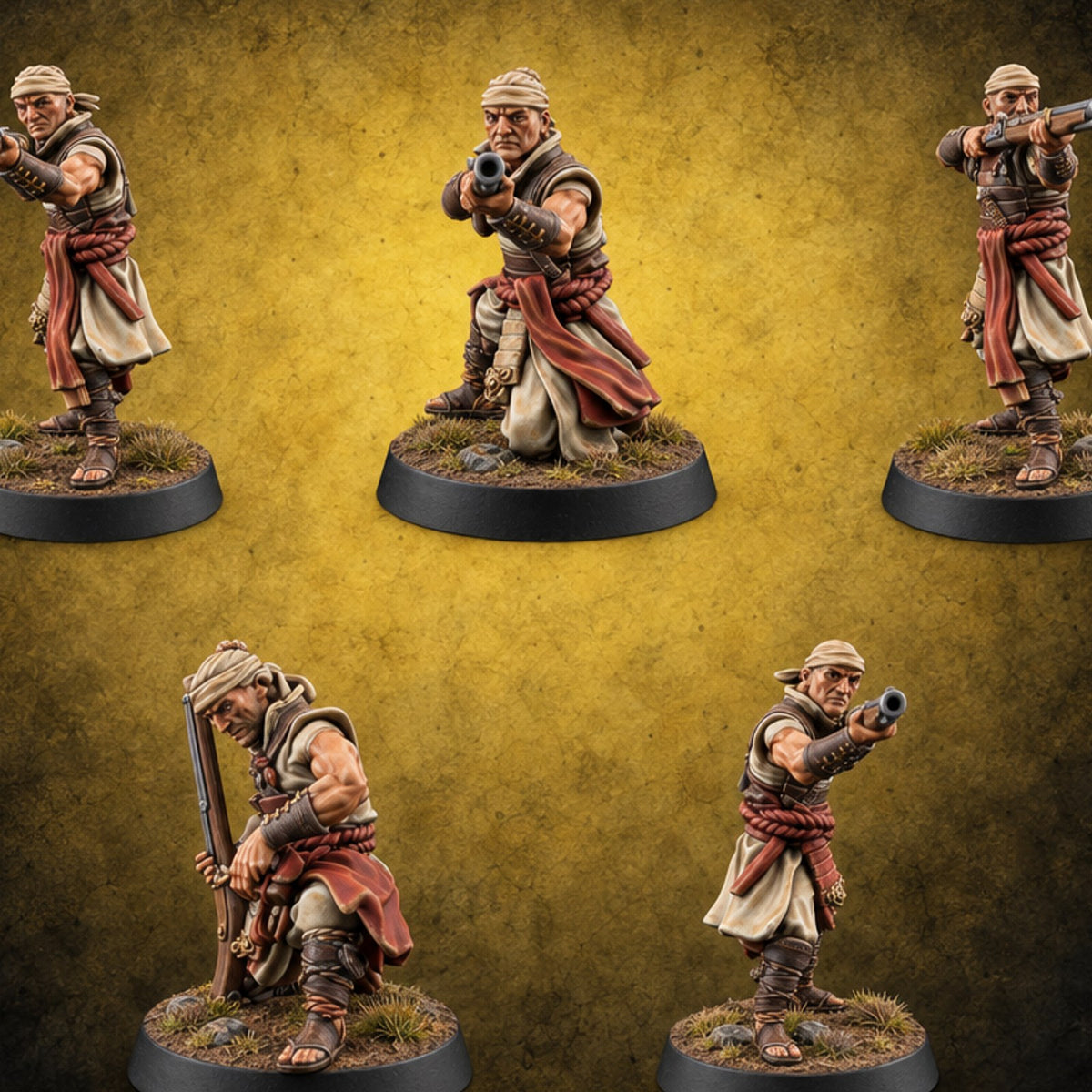 Sandals Planted, Matchlocks Steady Human Matchlock Gunners — painted concept preview (miniature supplied unpainted)