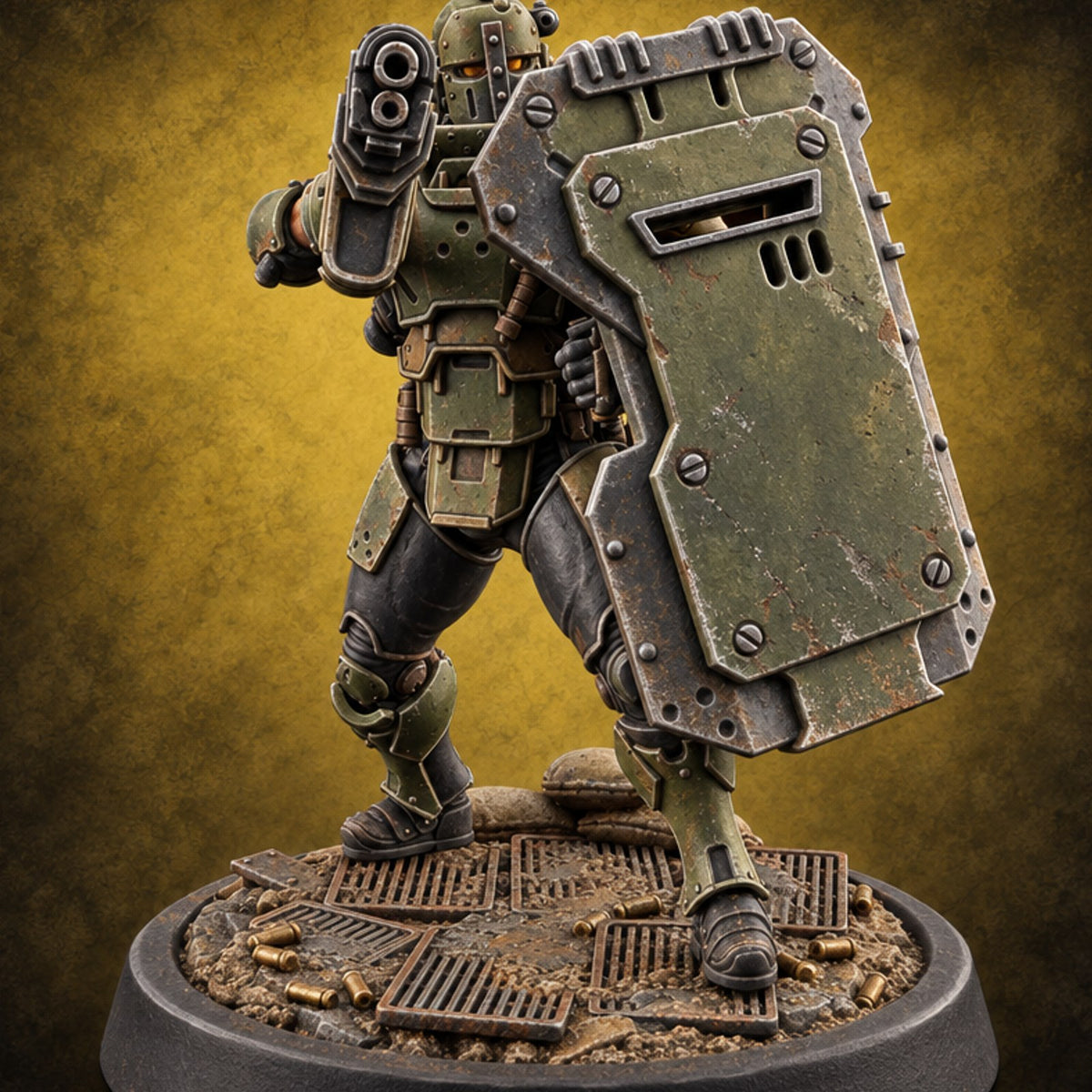 Peek Through the Slot, Regret Nothing Human Shield Soldier D — painted concept preview (miniature supplied unpainted)