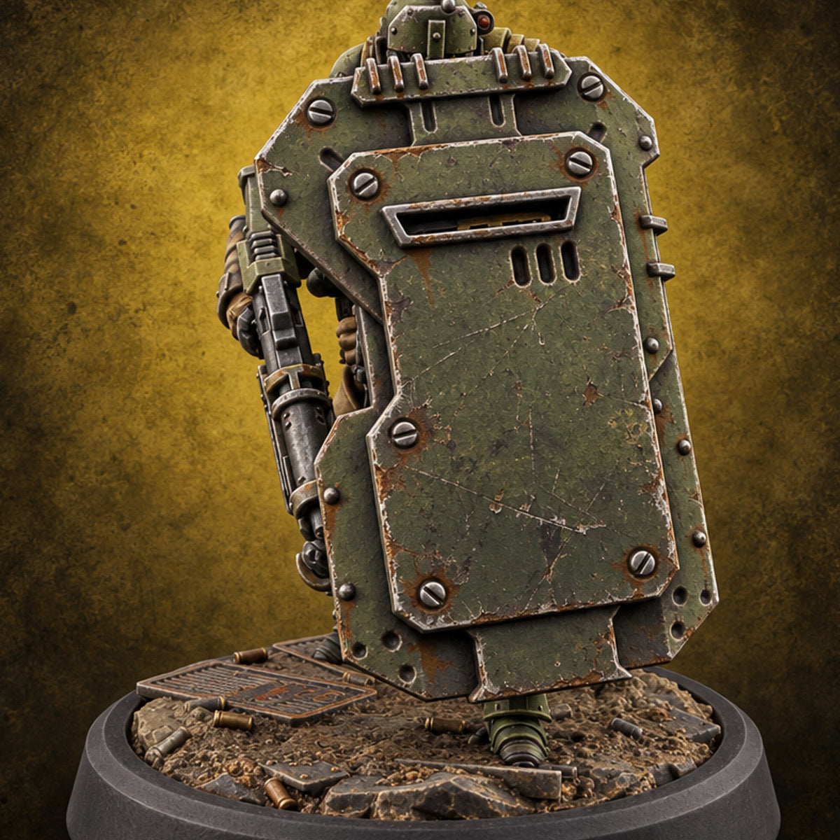 Peek Through the Slot, Regret Nothing Human Shield Soldier E — painted concept preview (miniature supplied unpainted)