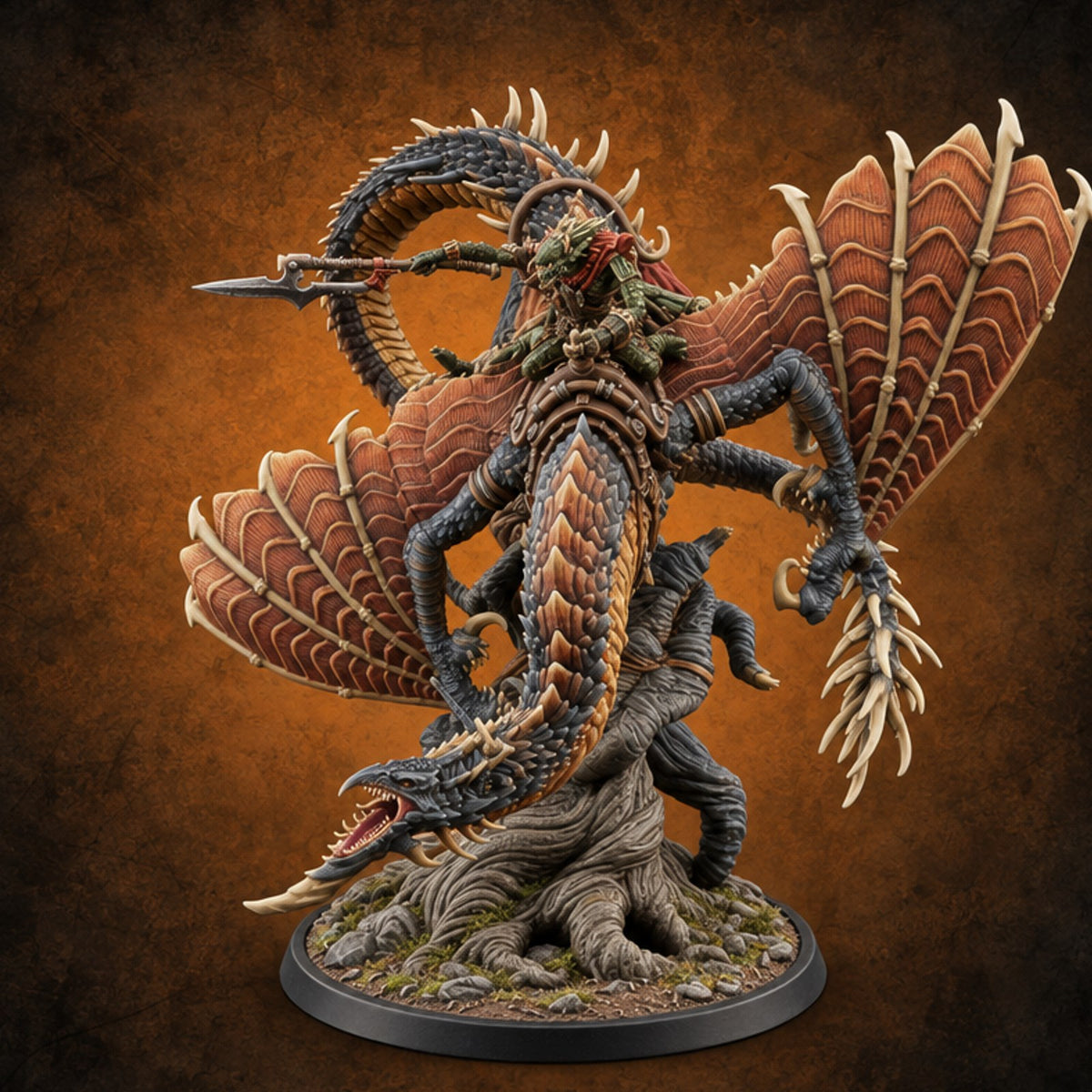 Saddled and Unbothered Lizardfolk Rider on Wyvern — painted concept preview (miniature supplied unpainted)