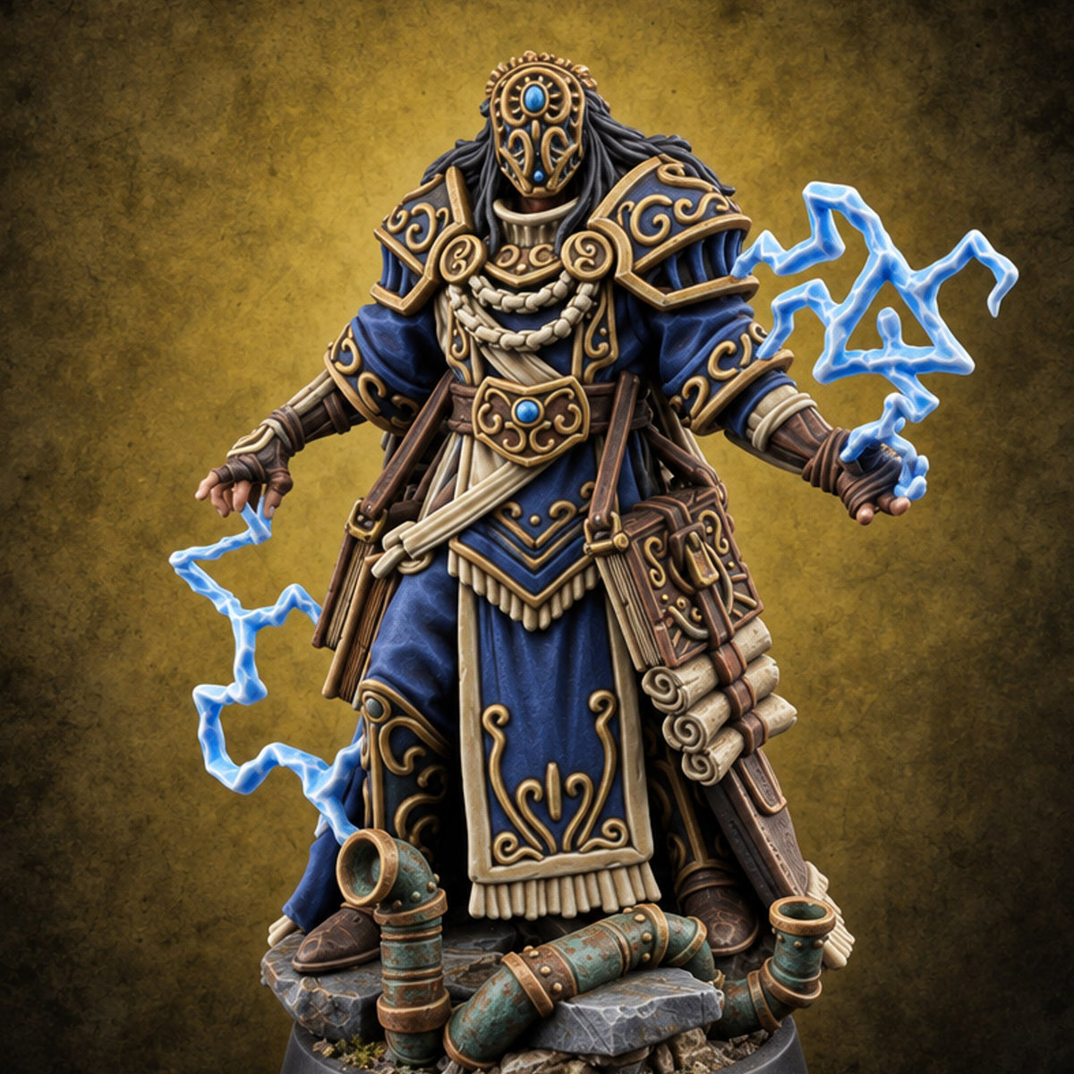 Overdue Lightning Strike Human Masked Lightning Mage with Scroll Satchels — painted concept preview (miniature supplied unpainted)
