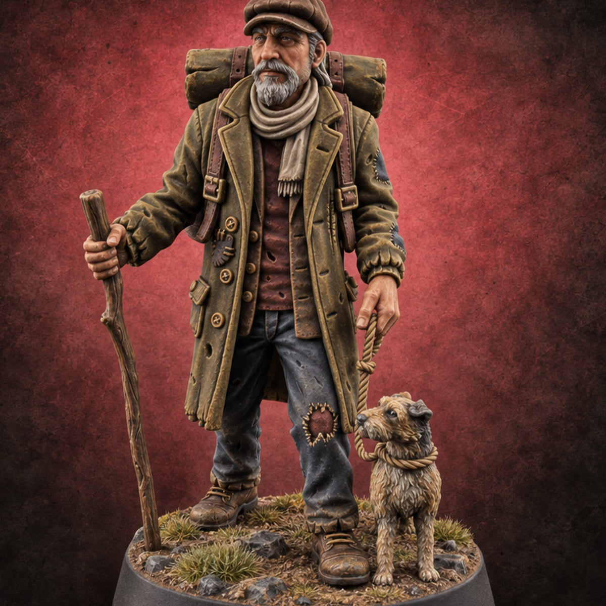 Patched Elbows, Open Road Human Wanderer — painted concept preview (miniature supplied unpainted)