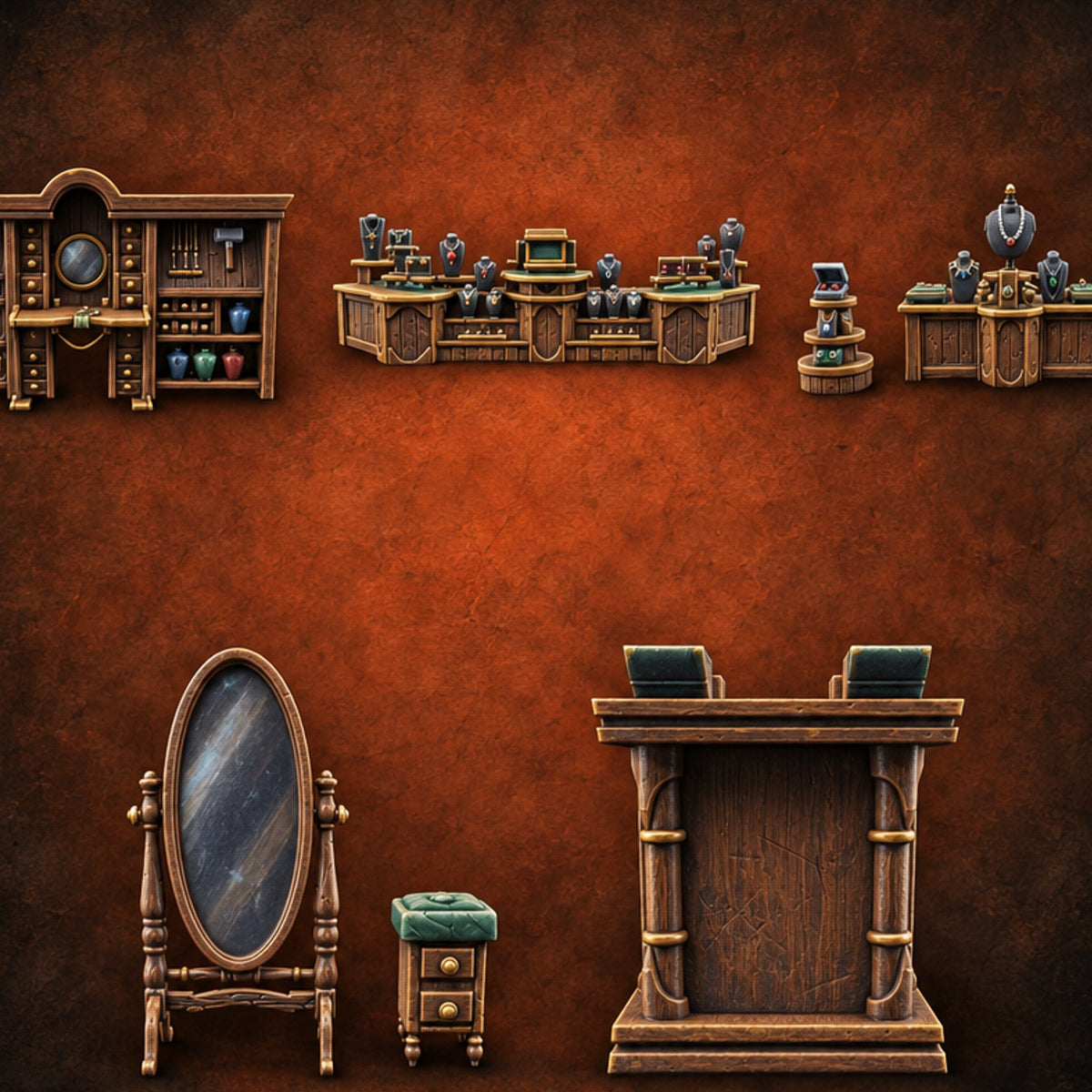 Appraised Under Glass Wooden Jeweler Shop Furniture Set — painted concept preview (terrain supplied unpainted)