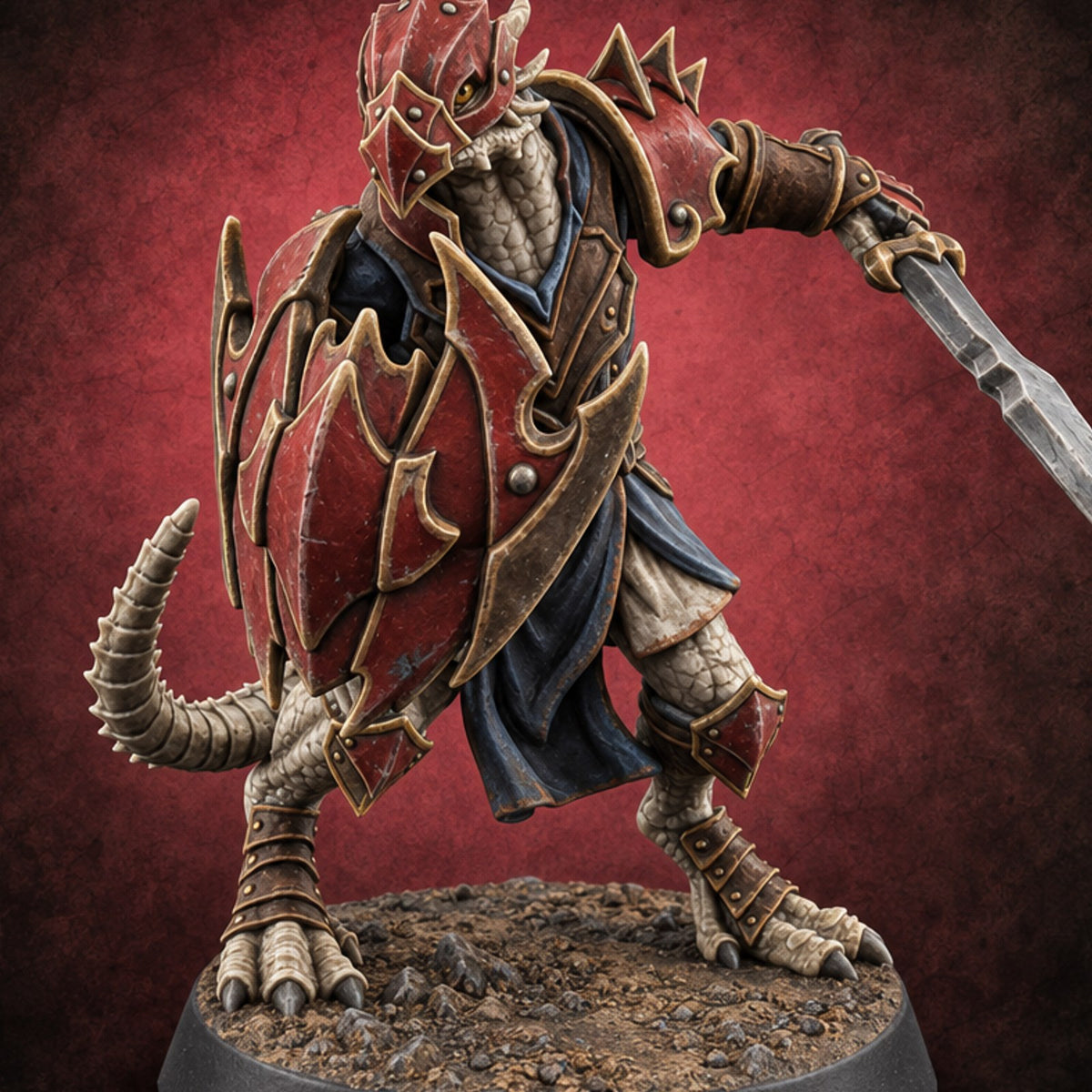 Scales Rattle, Shields Rise Dragonborn Swordsman A — painted concept preview (miniature supplied unpainted)