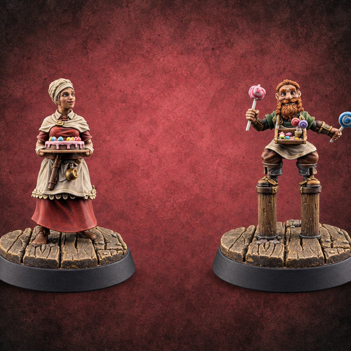 Stilts and Sprinkles Human and Gnome Candy Sellers — painted concept preview (miniature supplied unpainted)