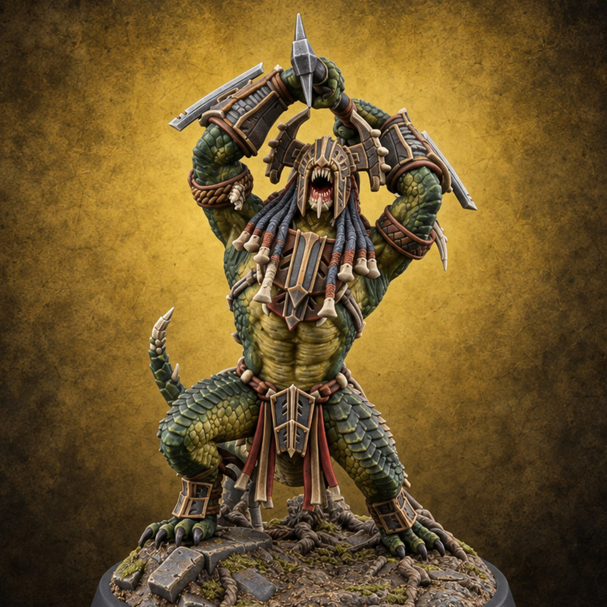 Crowns of Horn, Hearts of Ruin Lizardfolk Polearm Warrior E — painted concept preview (miniature supplied unpainted)