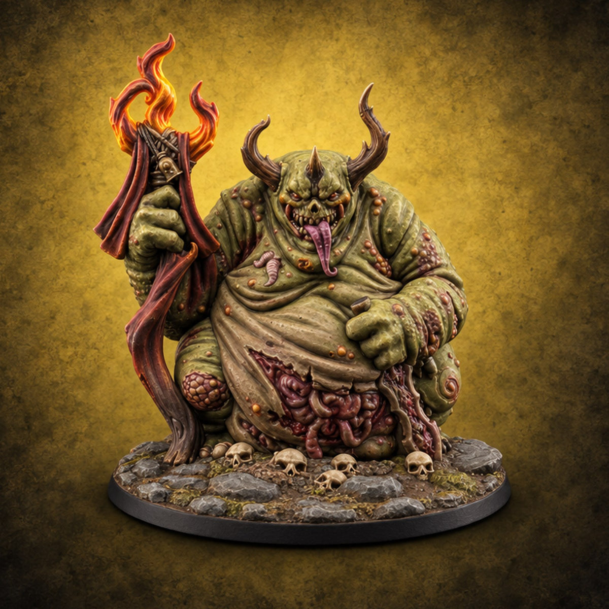 Gut Feeling Hezrou Fiend Demon with Flaming Staff — painted concept preview (miniature supplied unpainted)