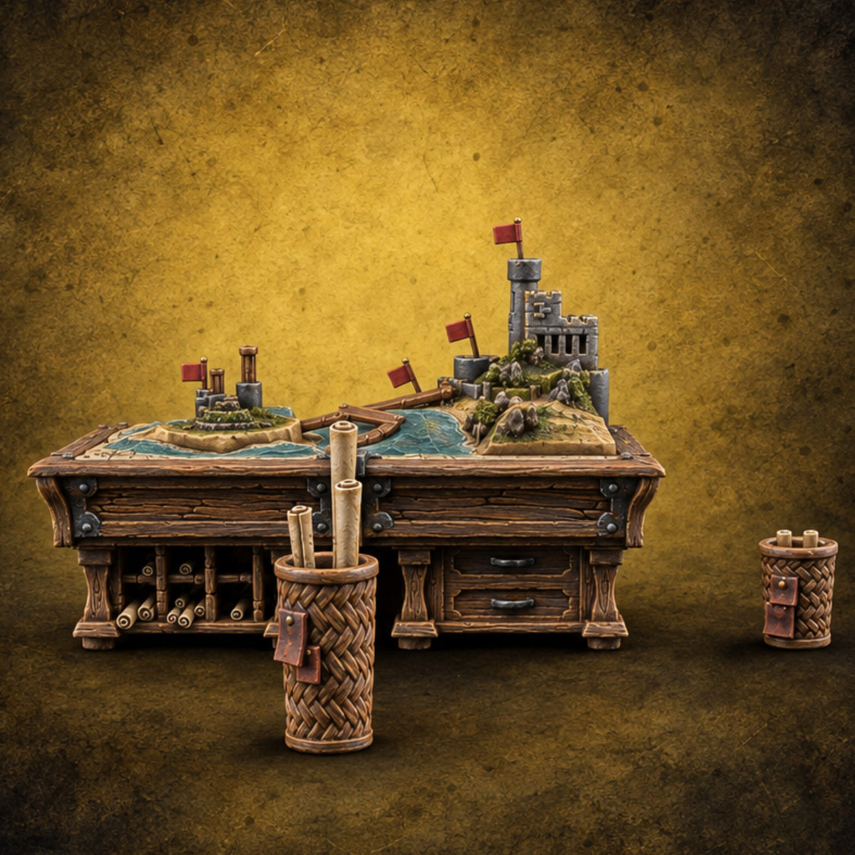 Latitude Lost, Ink Still Drying Wooden Cartographer Furniture A — painted concept preview (terrain supplied unpainted)