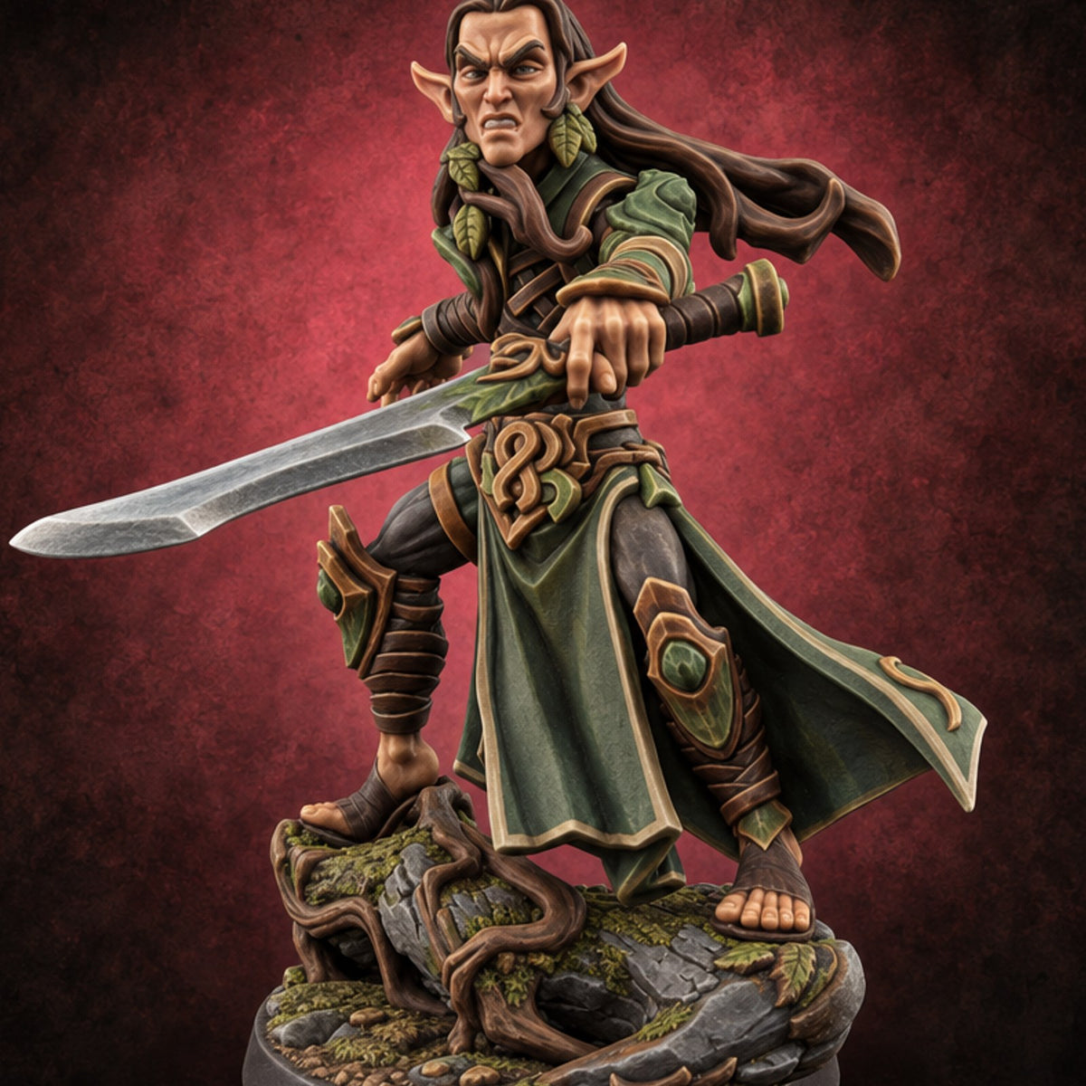 Roots Remember Every Step Wood Elf Warrior B — painted concept preview (miniature supplied unpainted)
