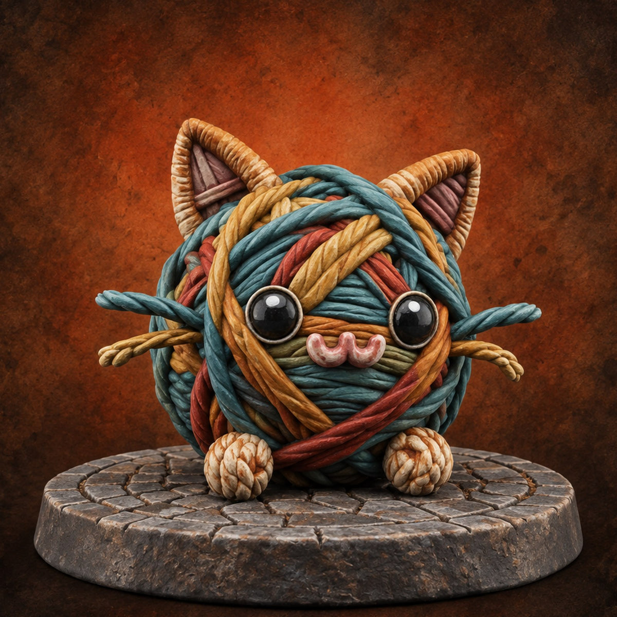 The Ball Grew Whiskers Yarn-Tangled Cat — painted concept preview (miniature supplied unpainted)