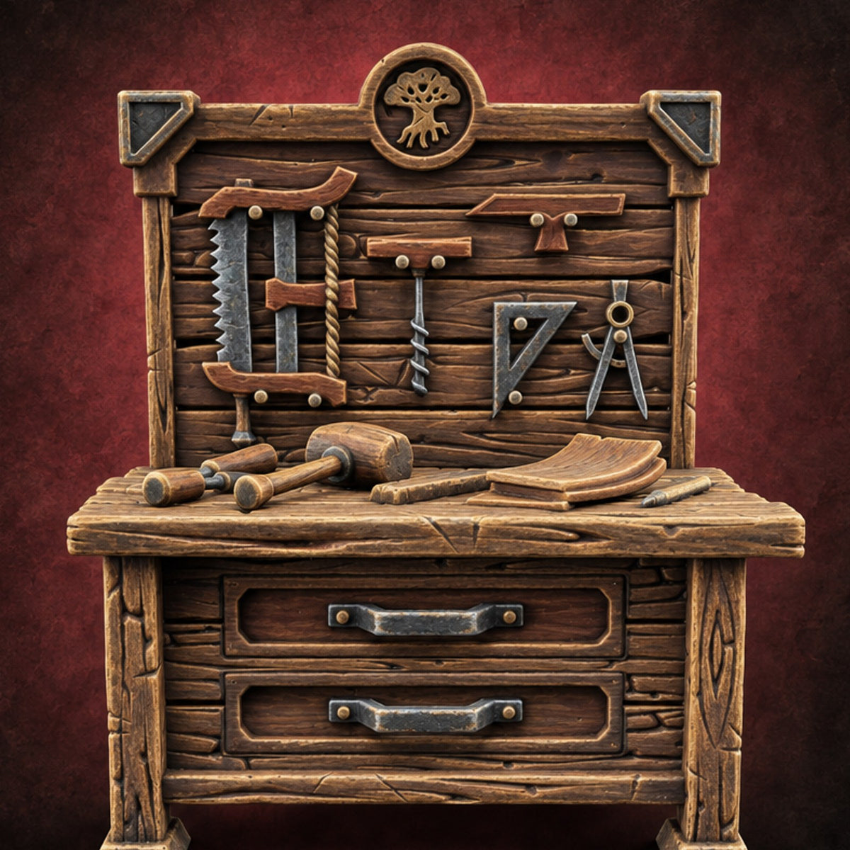 Tools Hung, Mallet Dropped Wooden Carpenter Workbench — painted concept preview (terrain supplied unpainted)