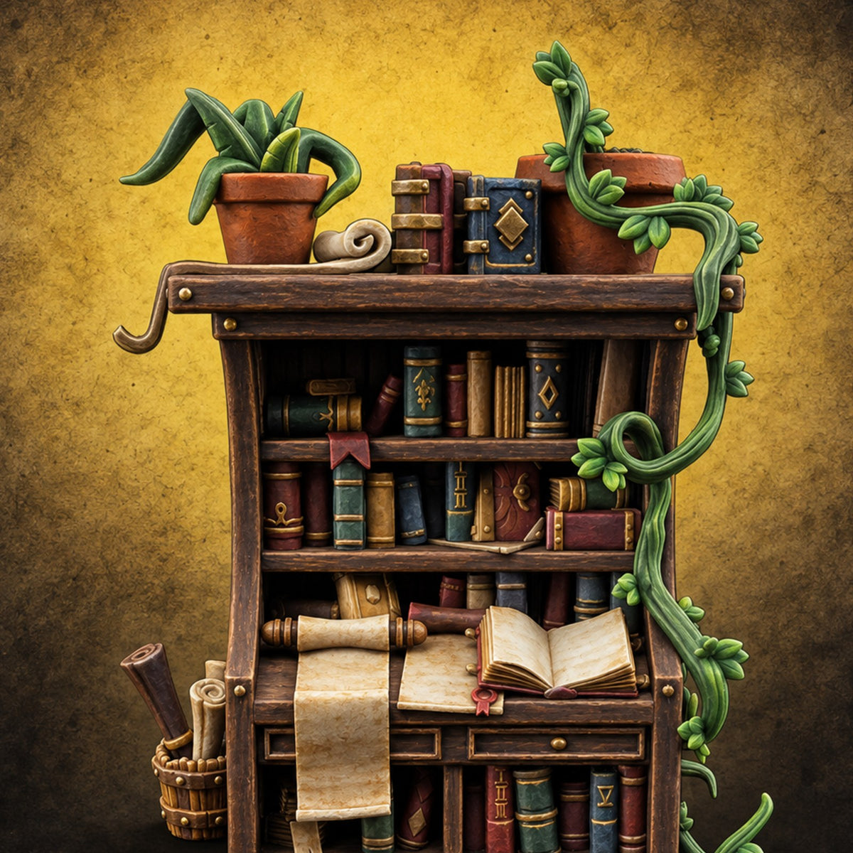Overstuffed Library Bookshelf A — painted concept preview (terrain supplied unpainted)