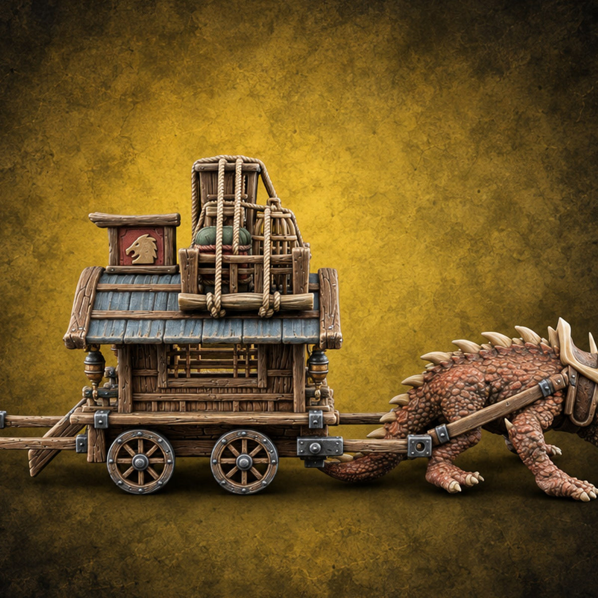 Spiny Beast Draws the Shop Creature-Drawn Wooden Vendor Wagon — painted concept preview (terrain supplied unpainted)
