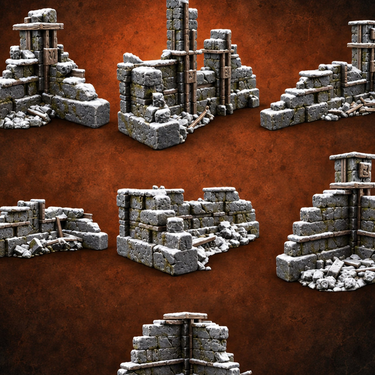 Snow Capped Ruined Stone Wall Set — painted concept preview (terrain supplied unpainted)